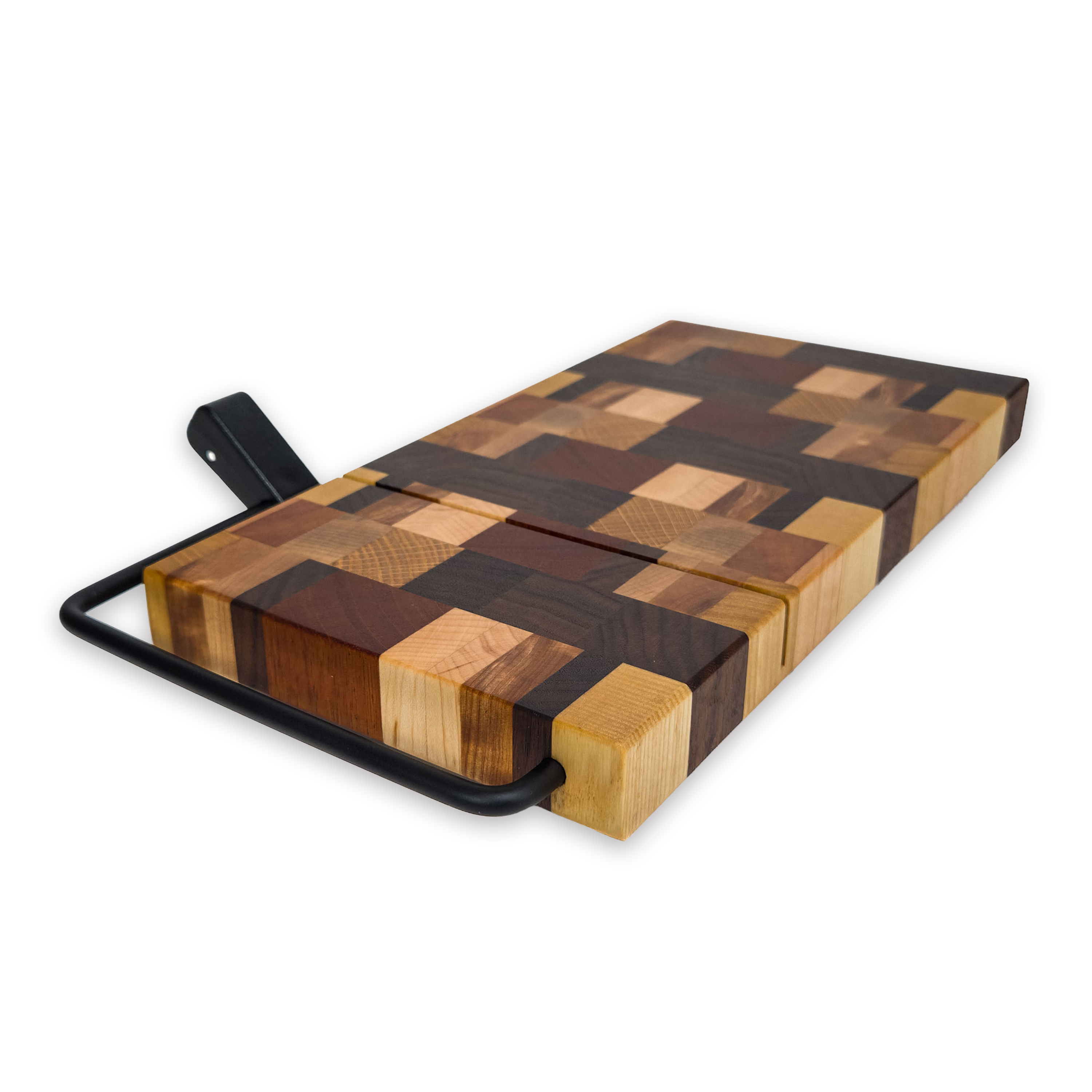 End grain dark mixed hardwood cheese slicer board with wire cutter, oiled hardwood