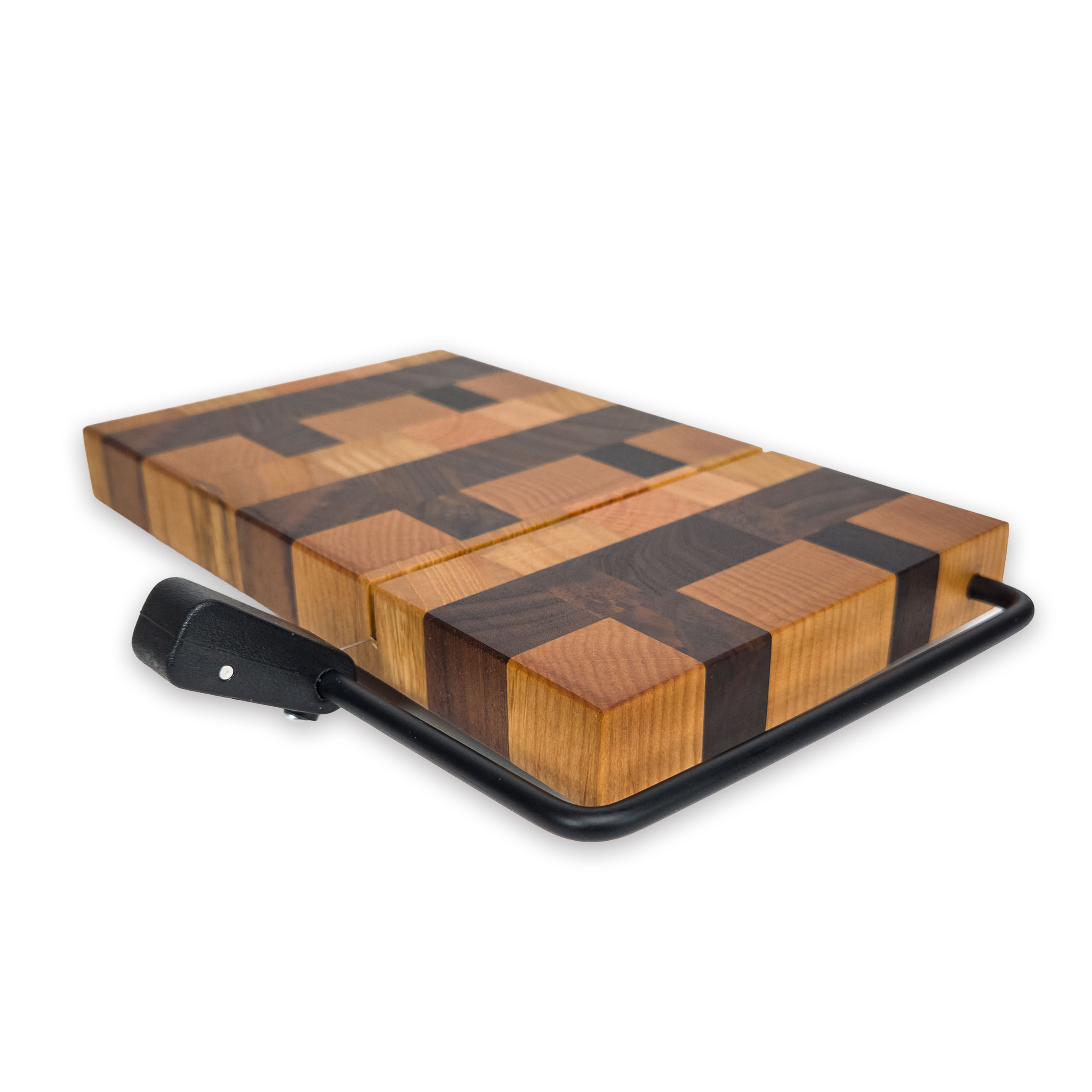 End grain oak, cherry & walnut cheese slicer board with wire cutter, oiled hardwood