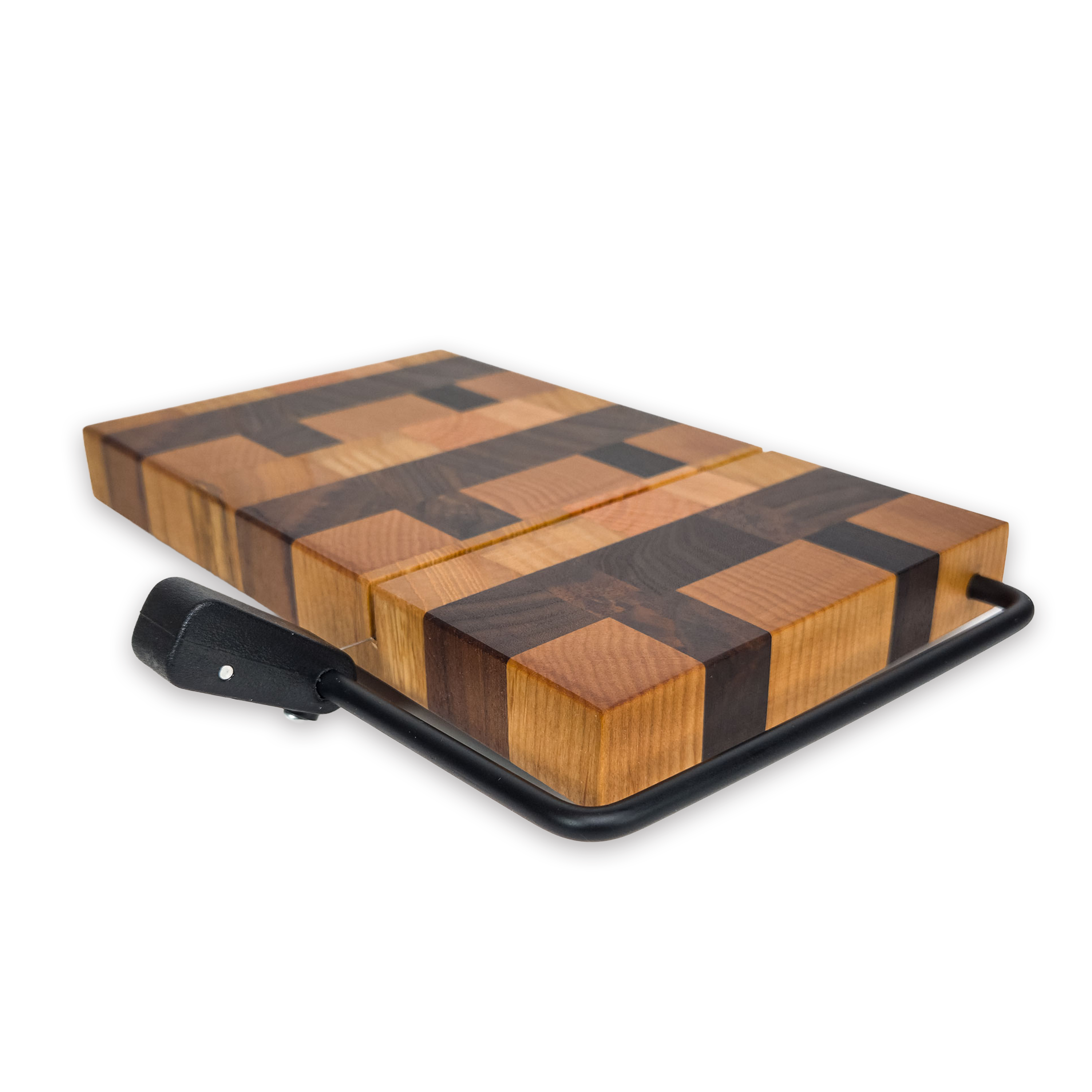 End grain oak, cherry & walnut cheese slicer board with wire cutter, oiled hardwood