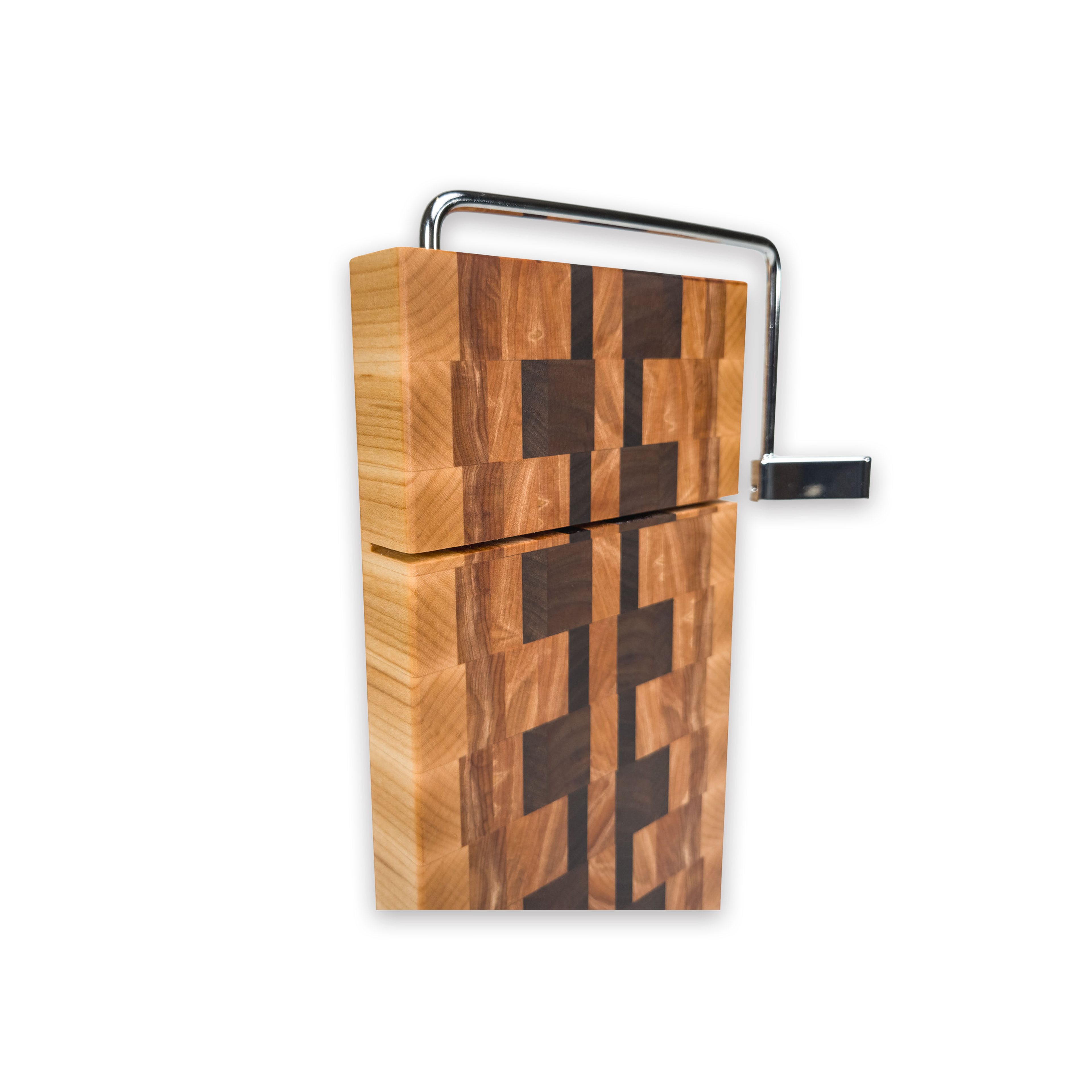 End grain maple, walnut & hickory cheese slicer board with wire cutter, oiled hardwood