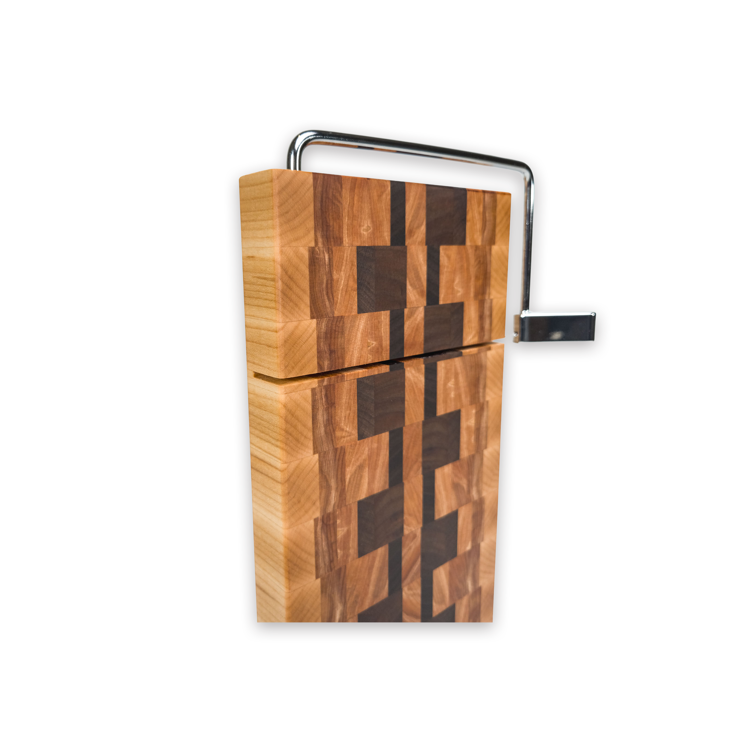 End grain maple, walnut & hickory cheese slicer board with wire cutter, oiled hardwood