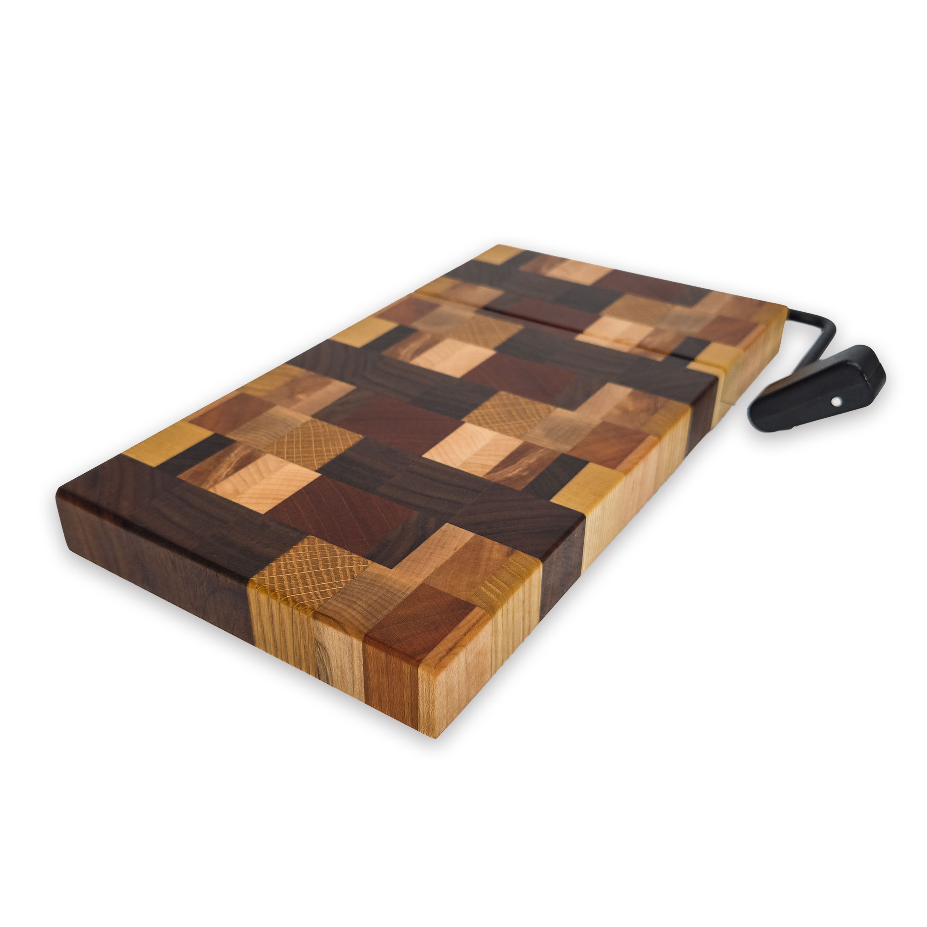 End grain dark mixed hardwood cheese slicer board with wire cutter, oiled hardwood