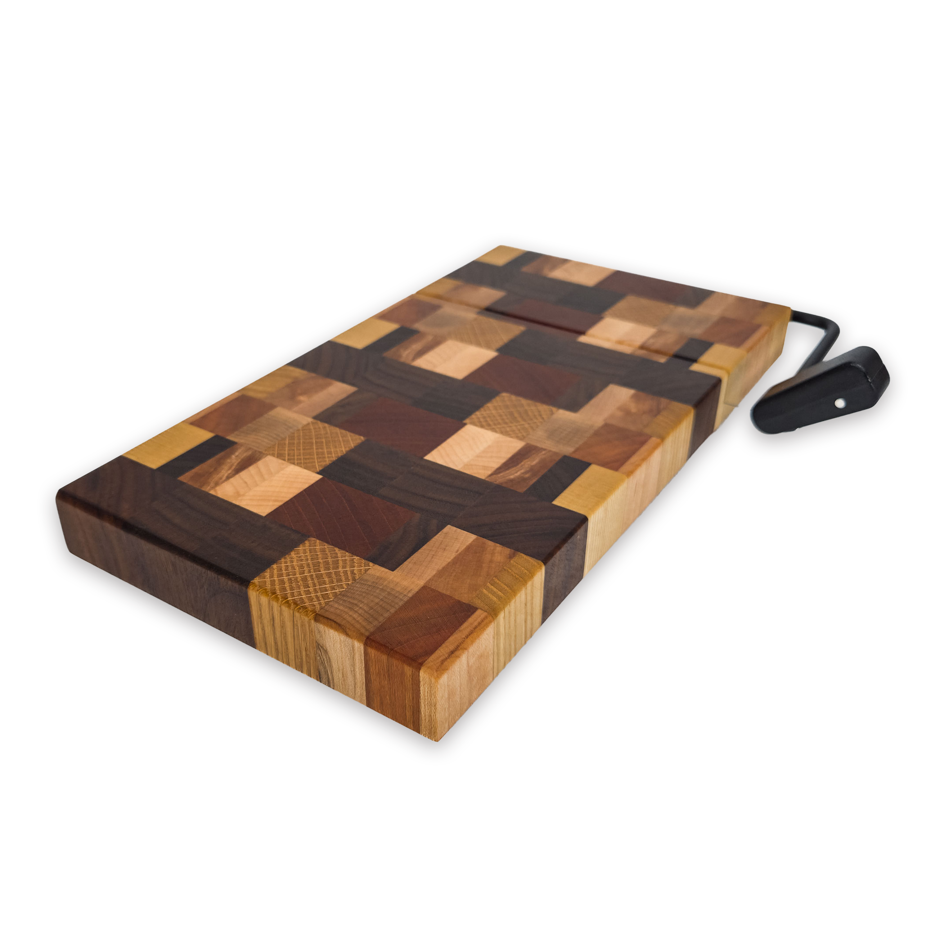 End grain dark mixed hardwood cheese slicer board with wire cutter, oiled hardwood