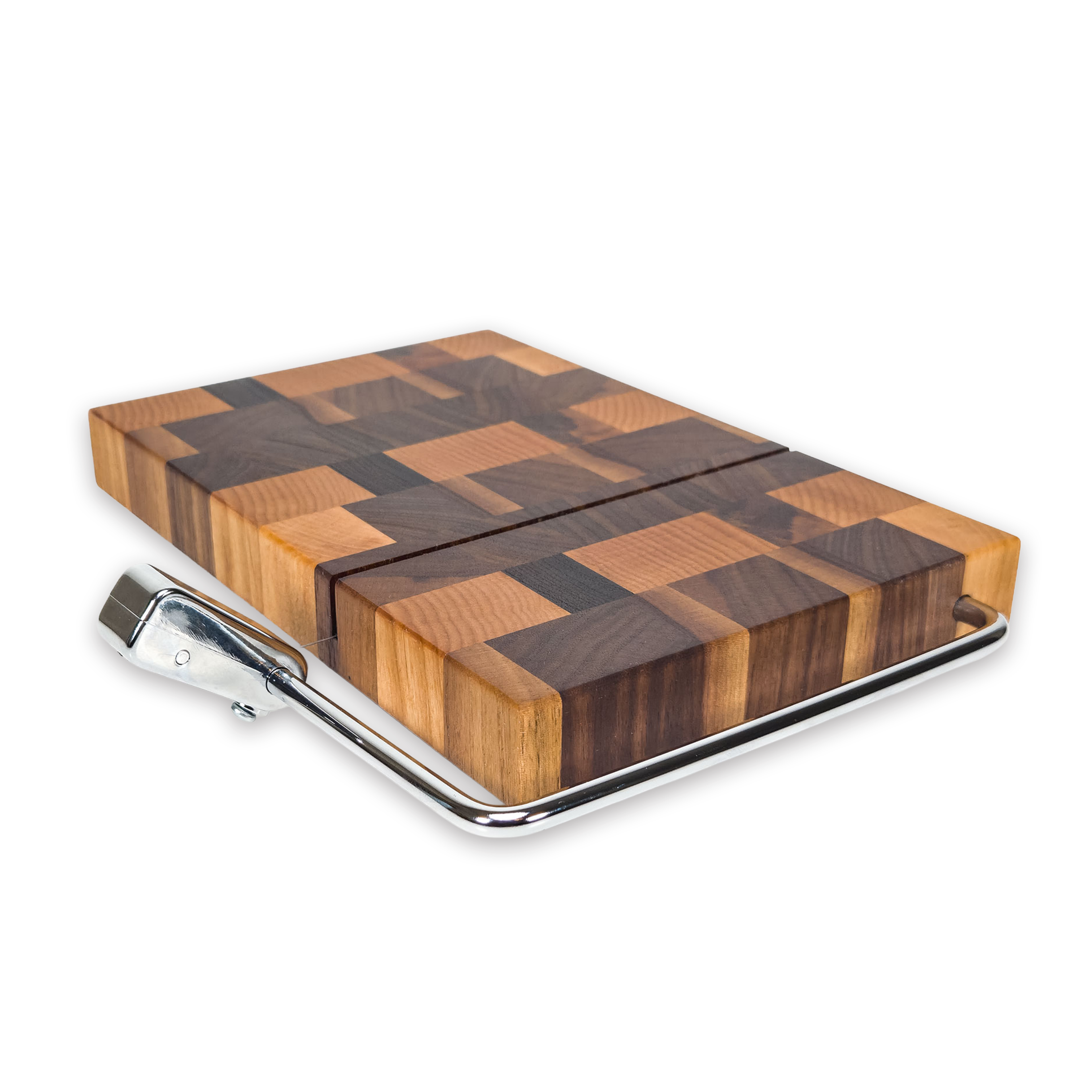 End grain oak, maple & walnut cheese slicer board with wire cutter, oiled hardwood
