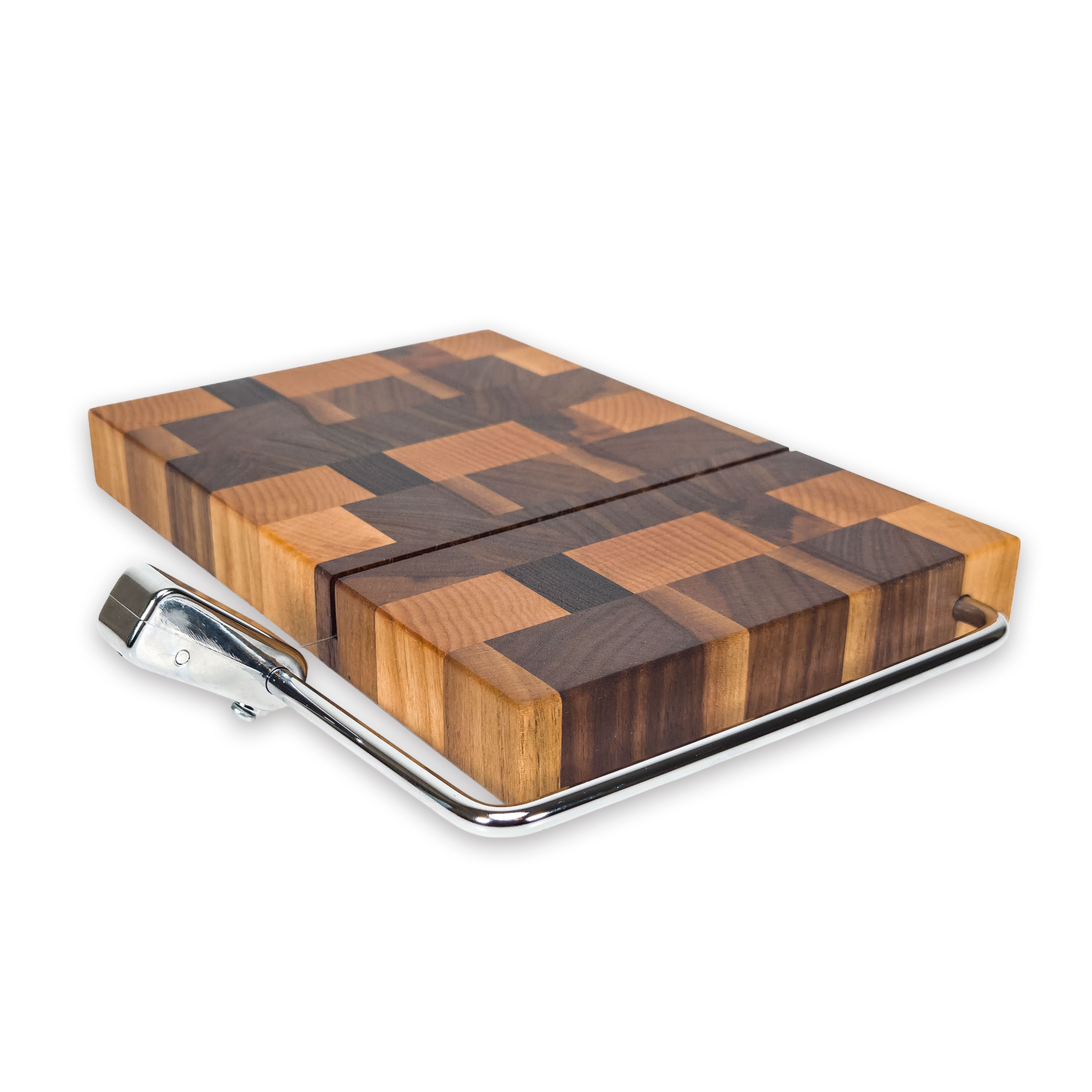End grain oak, maple & walnut cheese slicer board with wire cutter, oiled hardwood