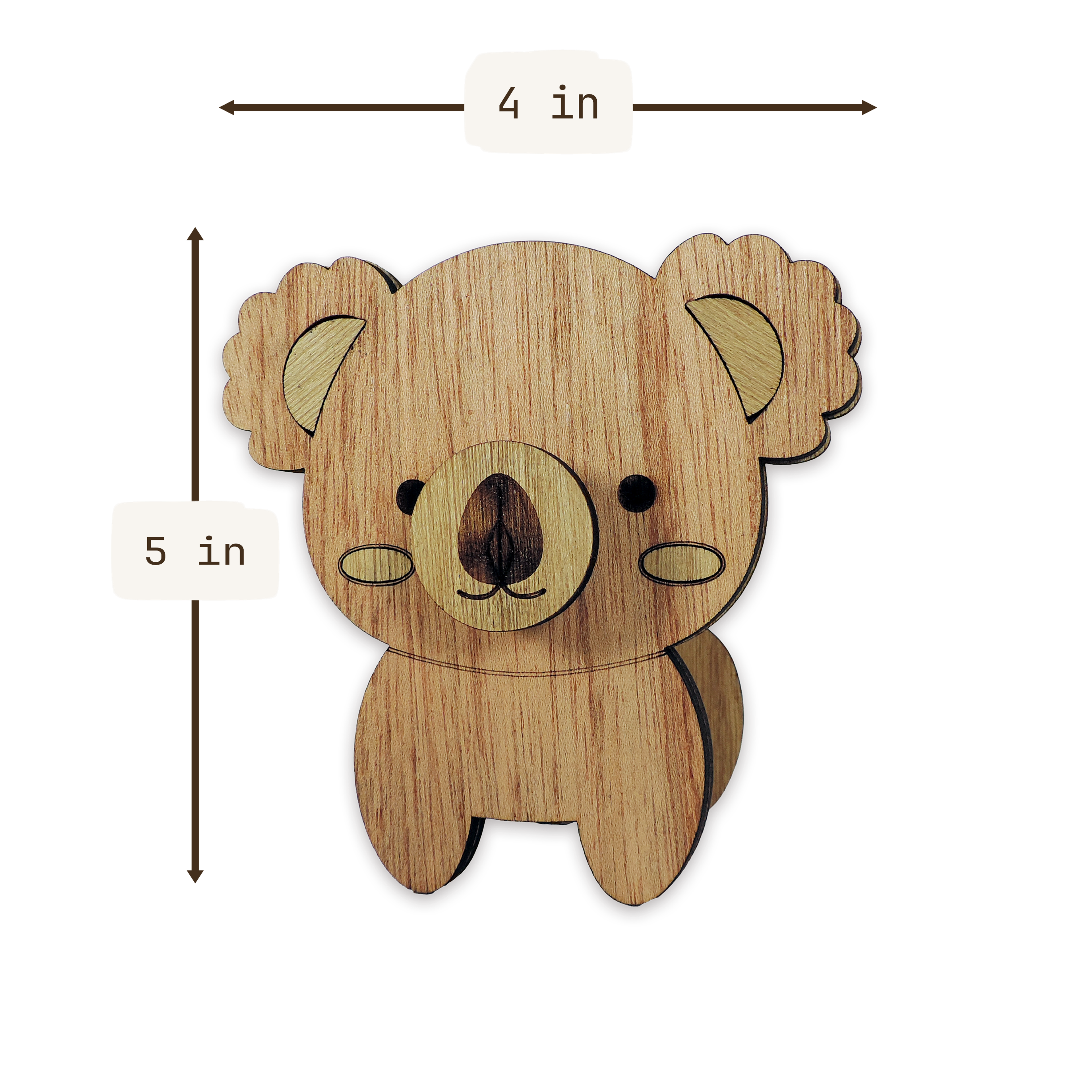 Laser-cut koala glasses holder, 5 mm plywood — cherry, blank (4 × 5 in)