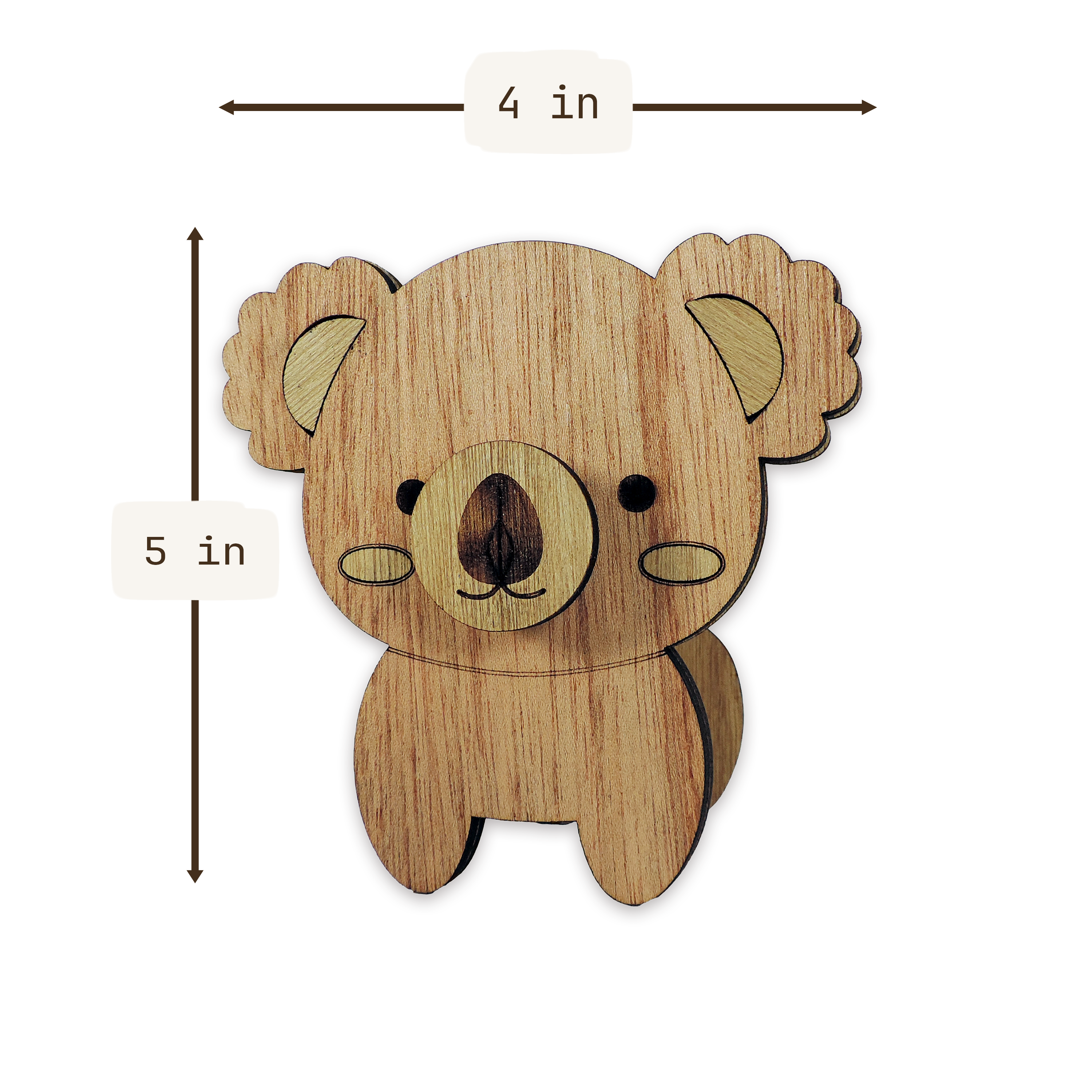 Laser-cut koala glasses holder, 5 mm plywood — cherry, blank (4 × 5 in)