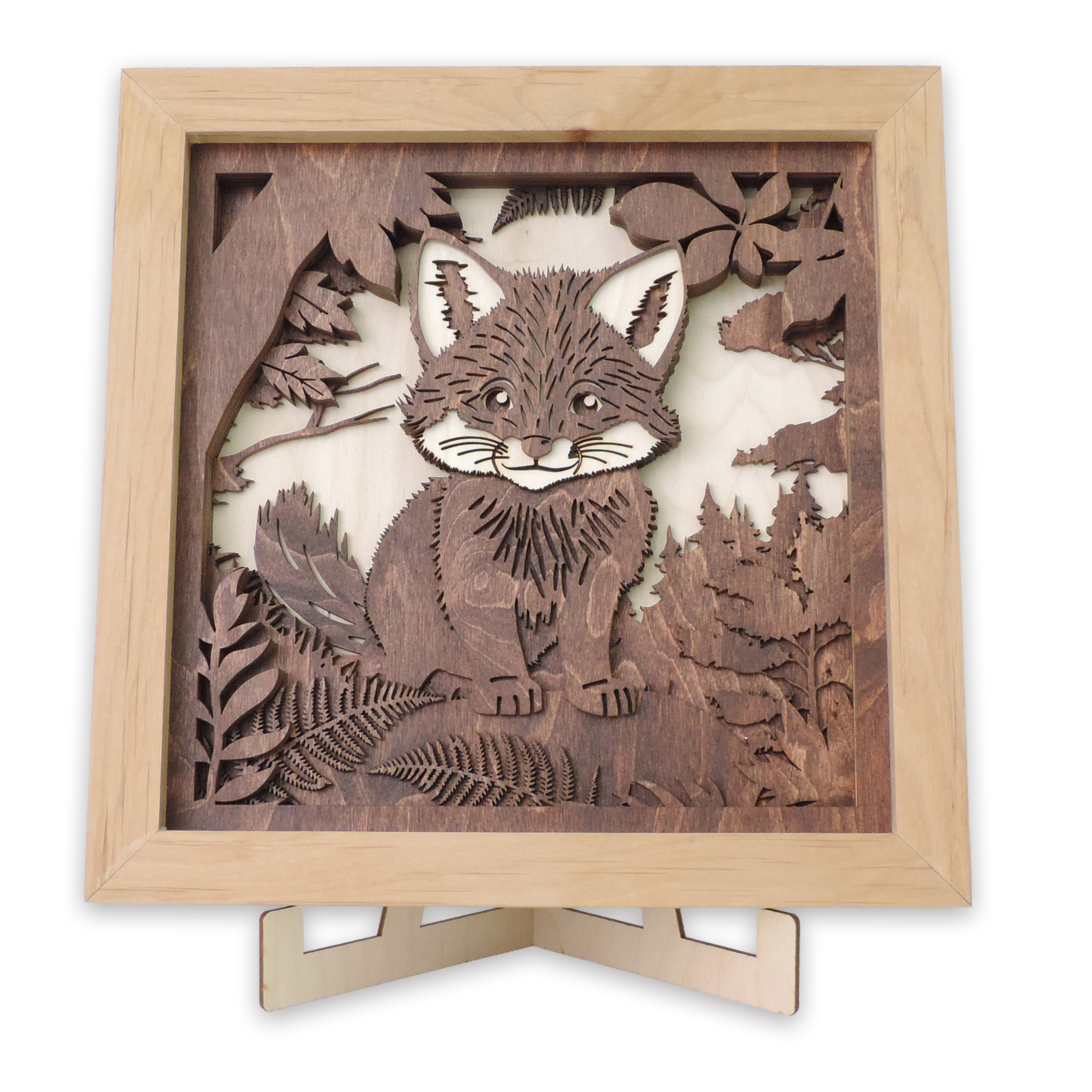 Multilayer 3D laser-cut baby fox wall art, Baltic Birch Plywood