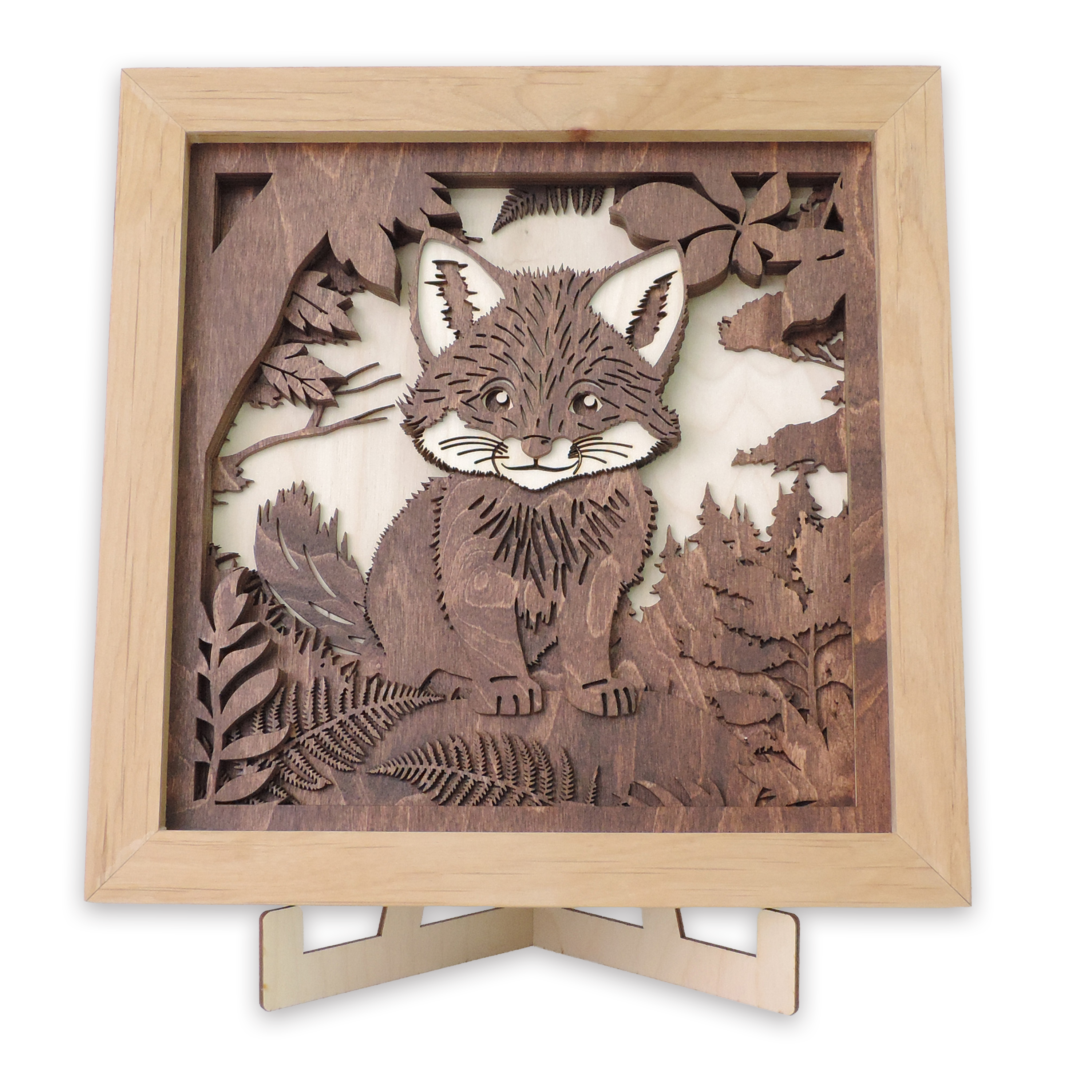 Multilayer 3D laser-cut baby fox wall art, Baltic Birch Plywood