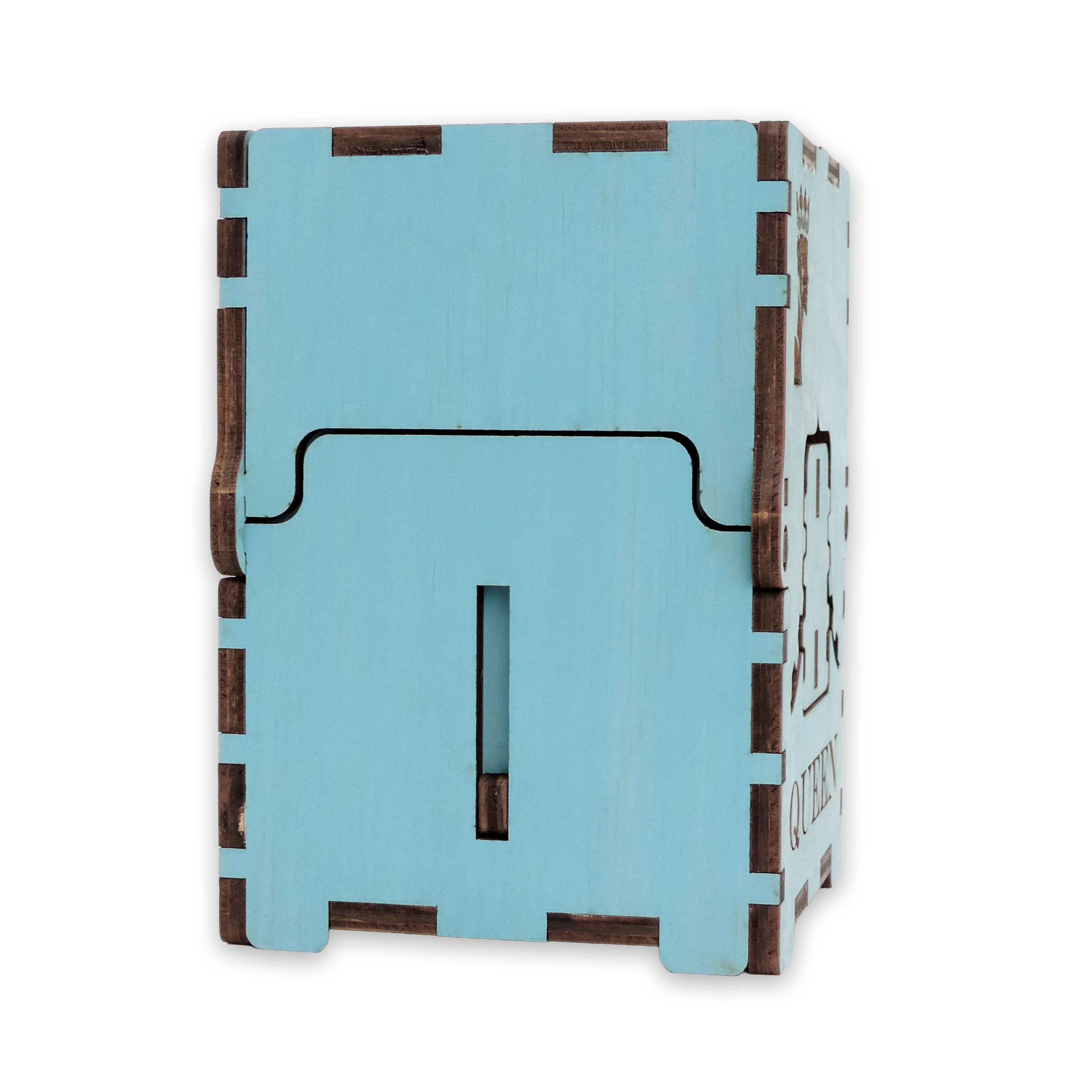 Laser-cut queen box, turquoise-painted birch plywood