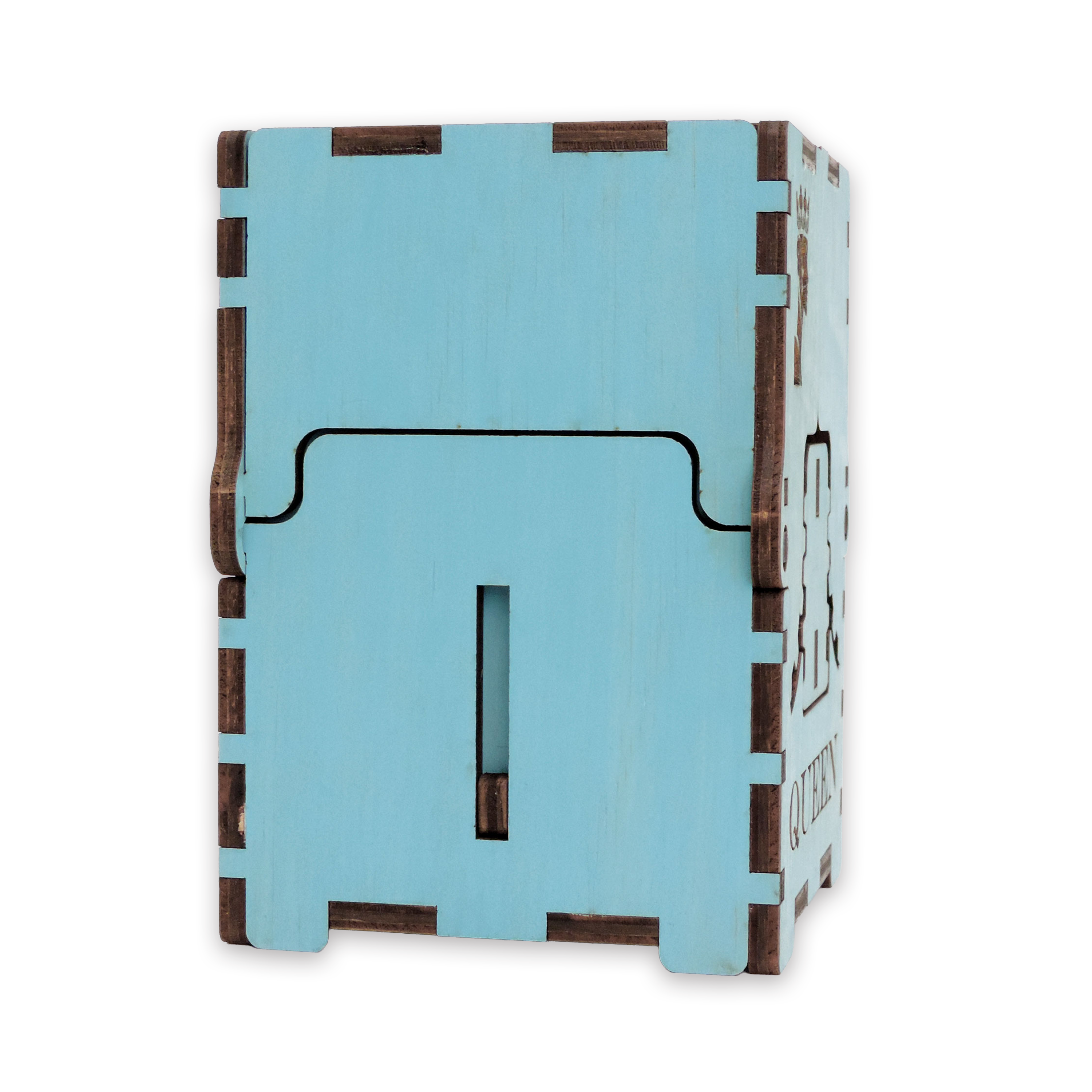 Laser-cut queen box, turquoise-painted birch plywood
