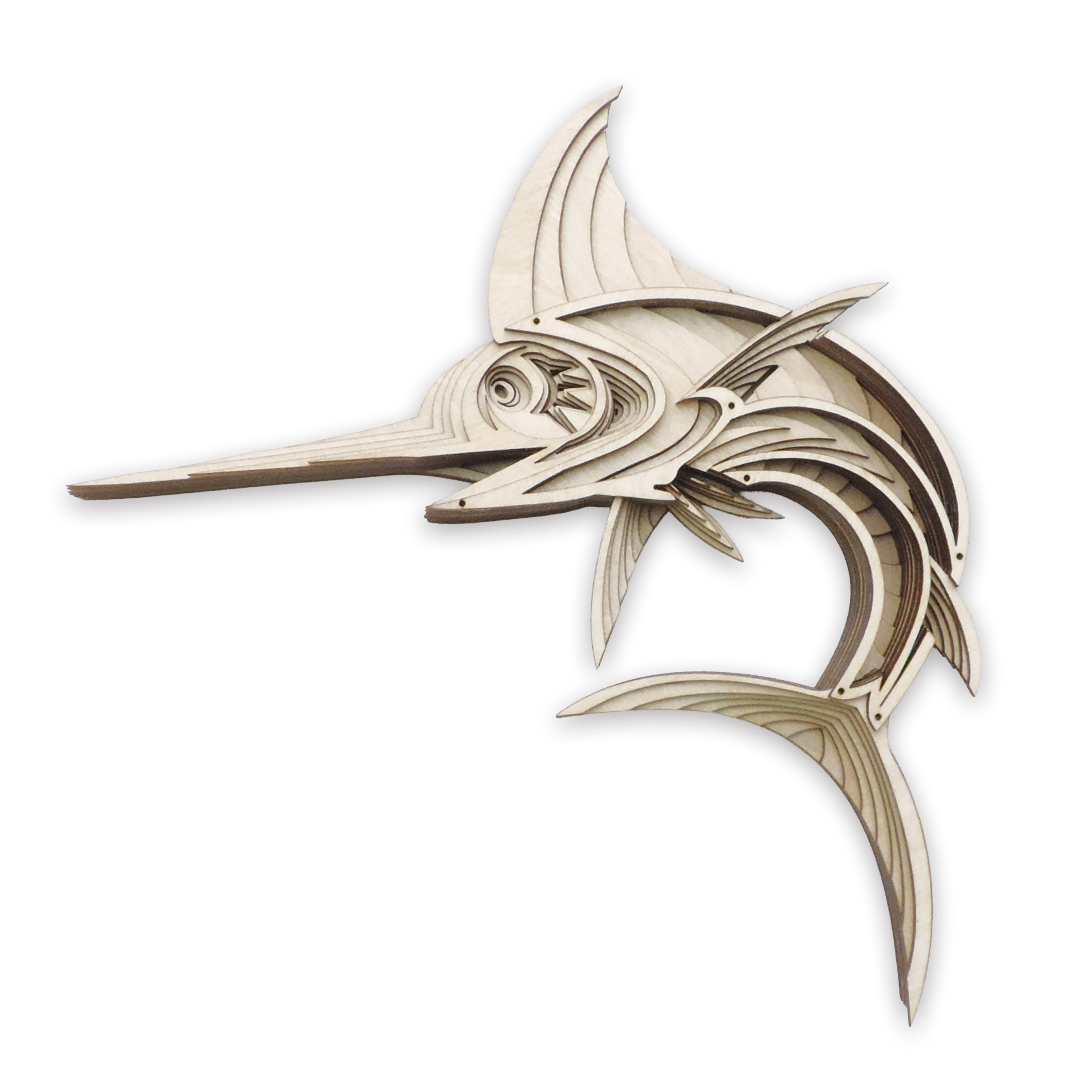 Multilayer 3D laser-cut swordfish wall art, Baltic Birch Plywood