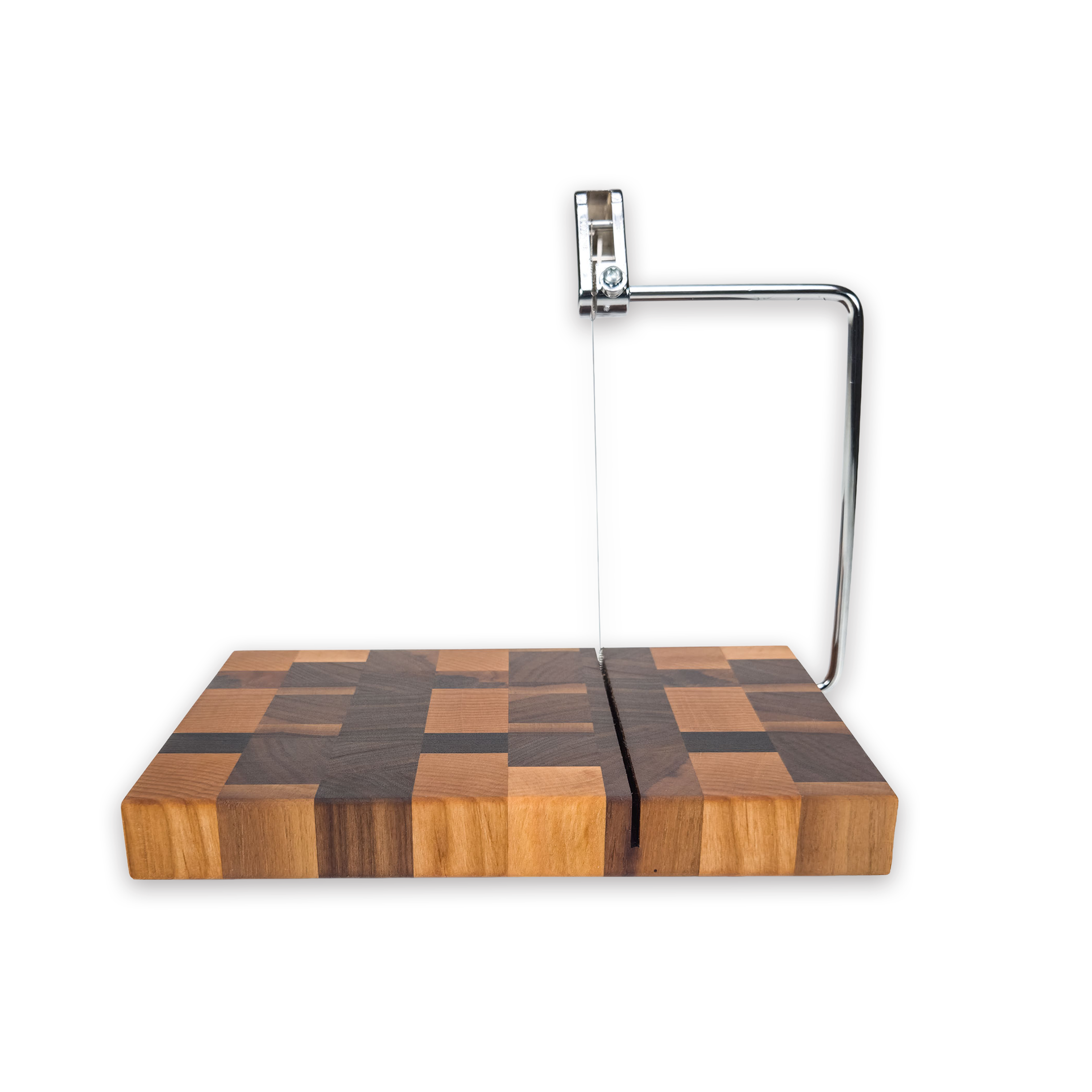 End grain oak, maple & walnut cheese slicer board with wire cutter, oiled hardwood