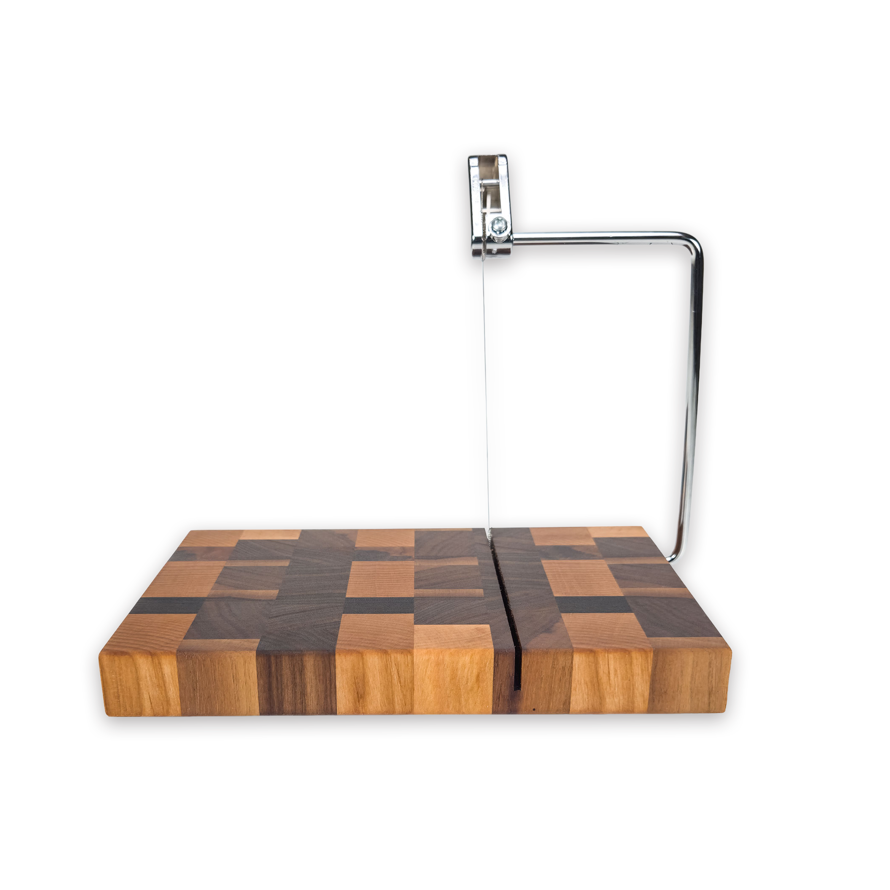 End grain oak, maple & walnut cheese slicer board with wire cutter, oiled hardwood