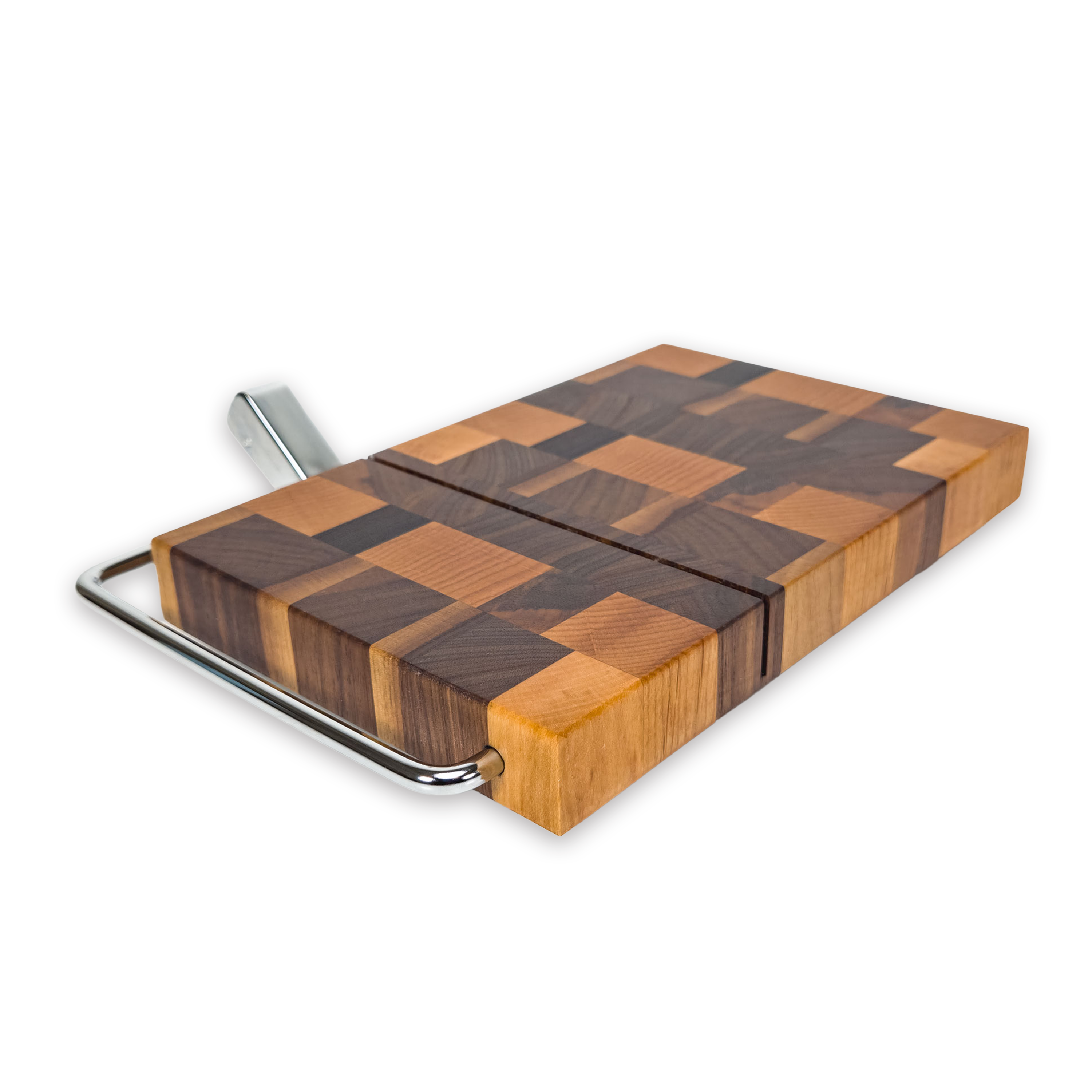 End grain oak, maple & walnut cheese slicer board with wire cutter, oiled hardwood