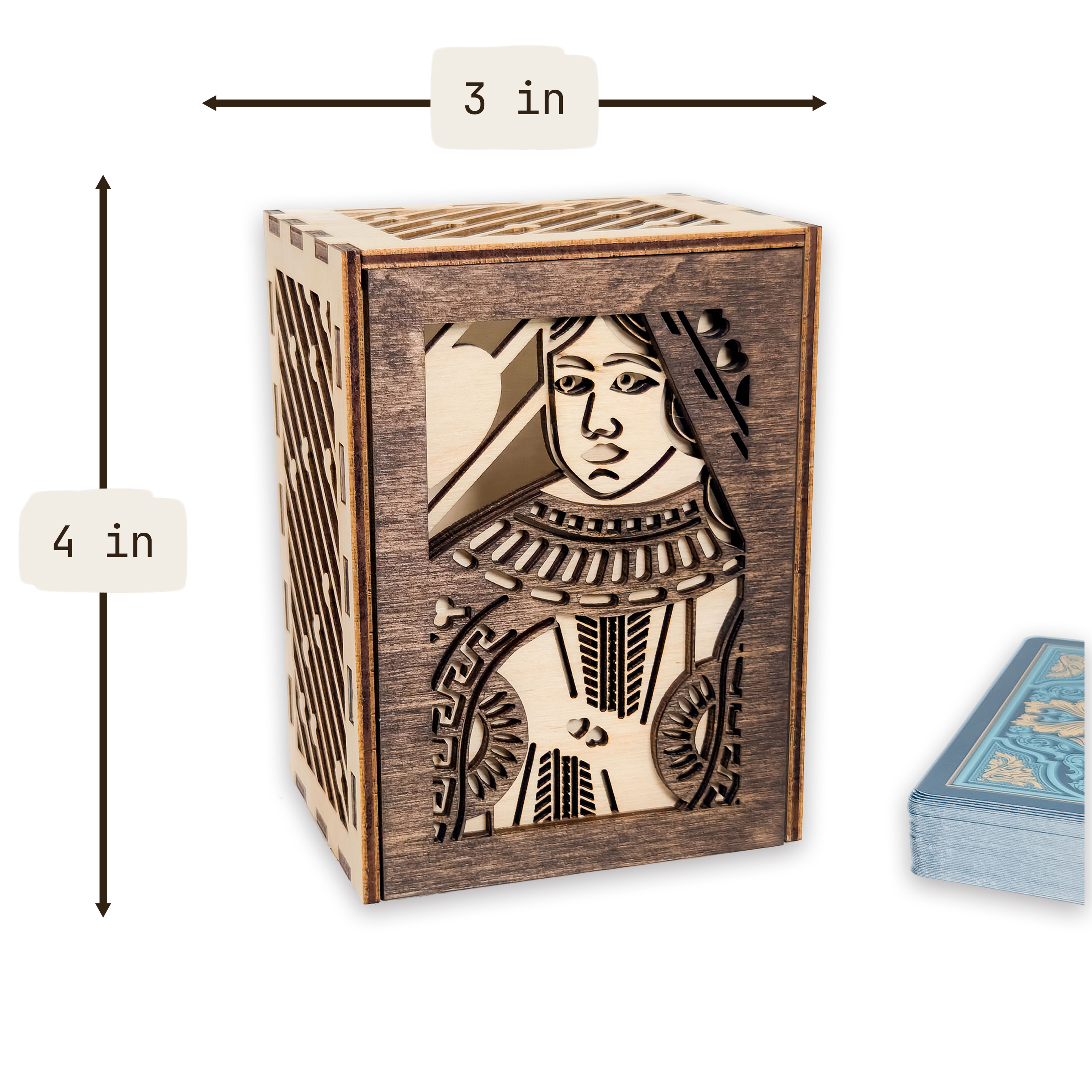 Laser-cut queen of hearts poker card box, walnut & maple birch plywood