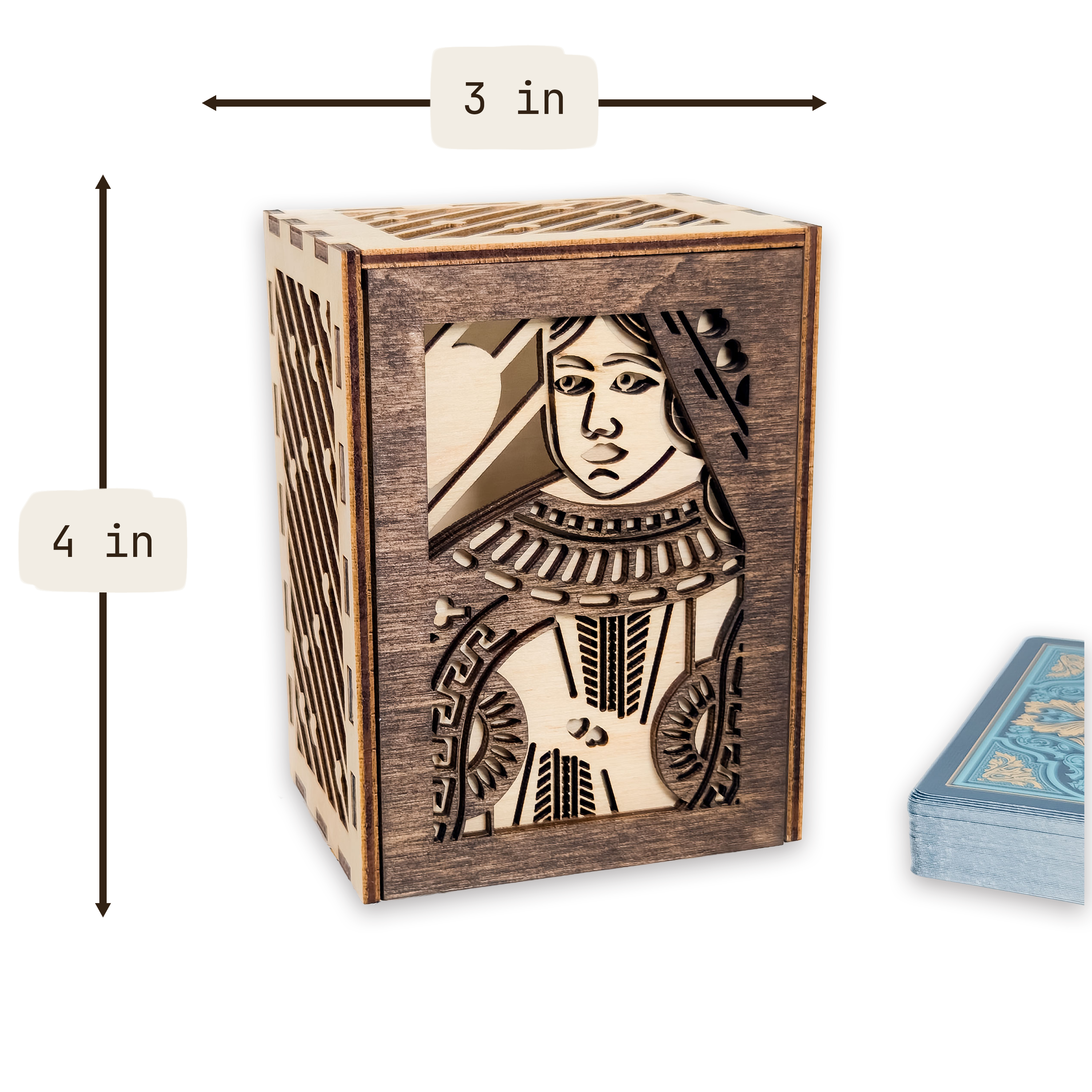 Laser-cut queen of hearts poker card box, walnut & maple birch plywood