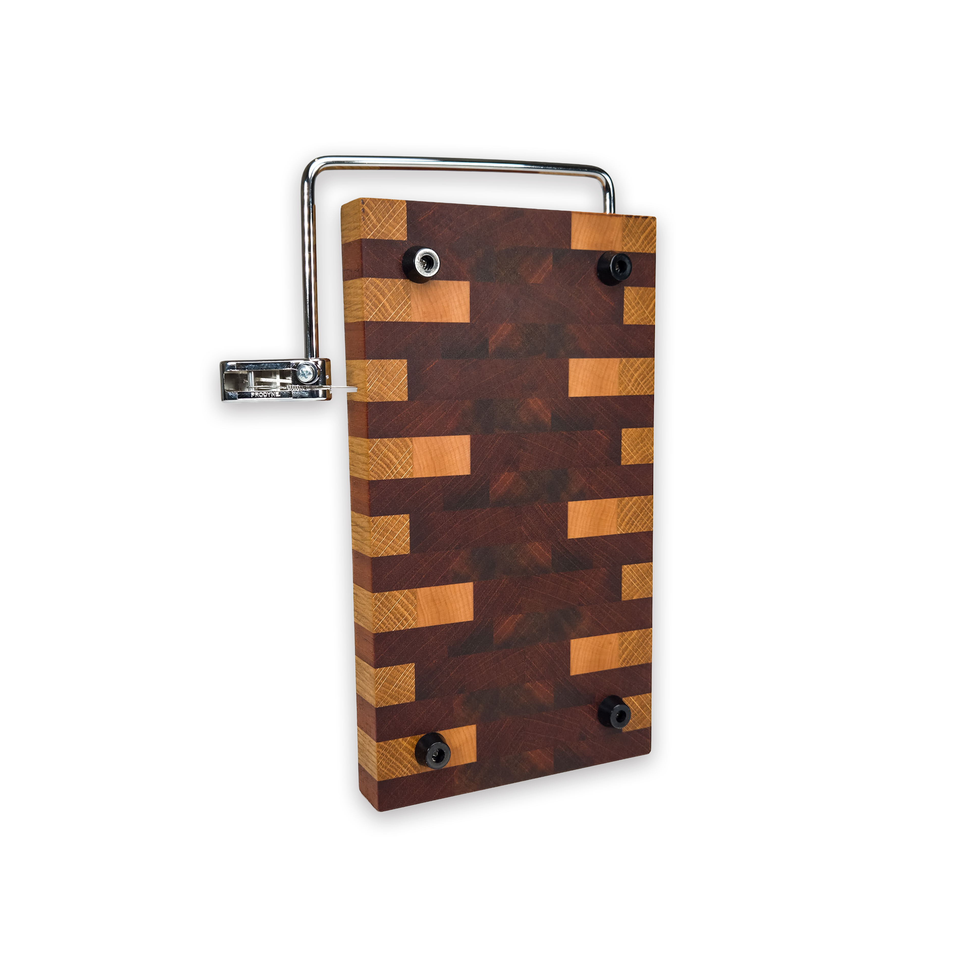 End grain oak, walnut & cherry mosaic cheese slicer board with wire cutter, oiled hardwood