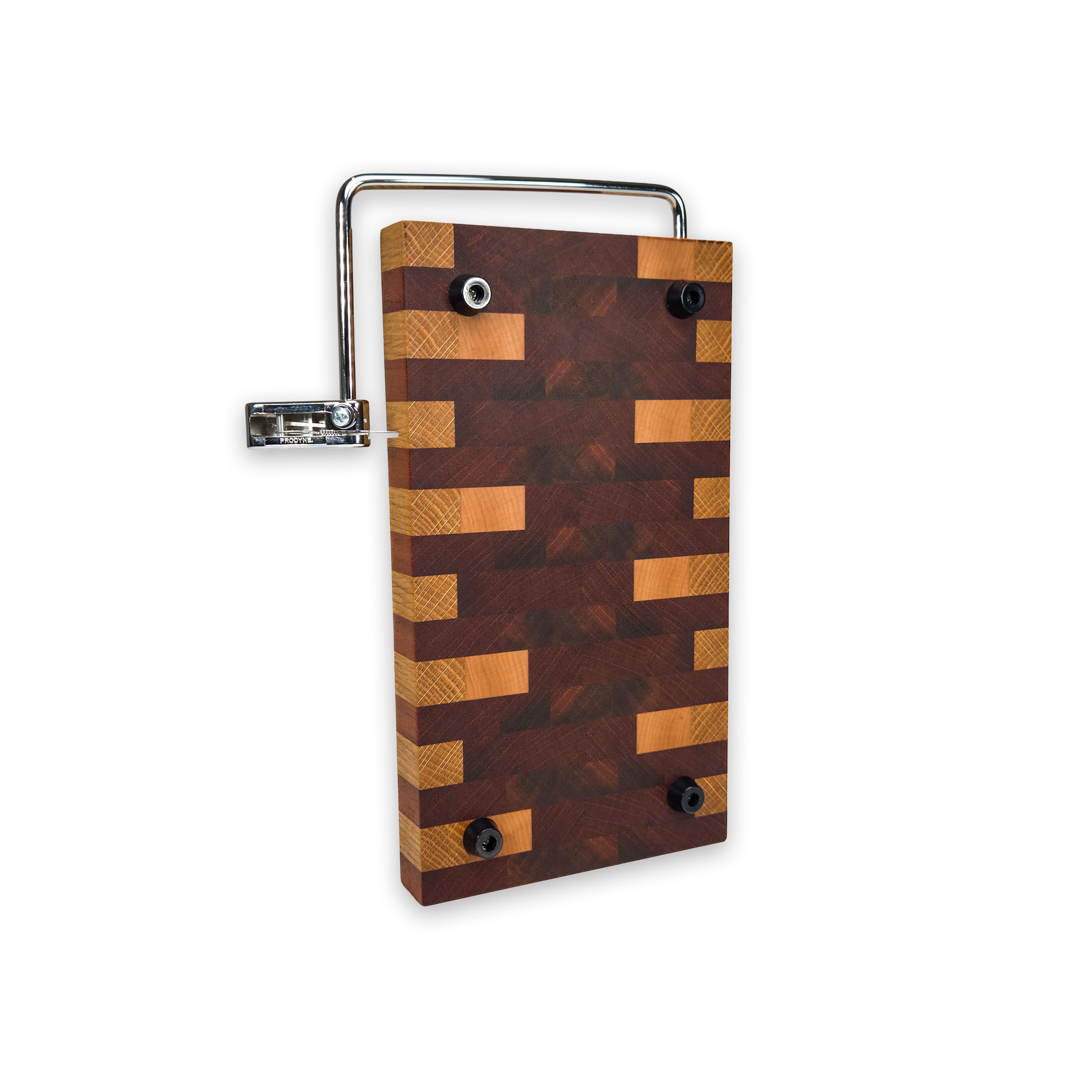 End grain oak, walnut & cherry mosaic cheese slicer board with wire cutter, oiled hardwood