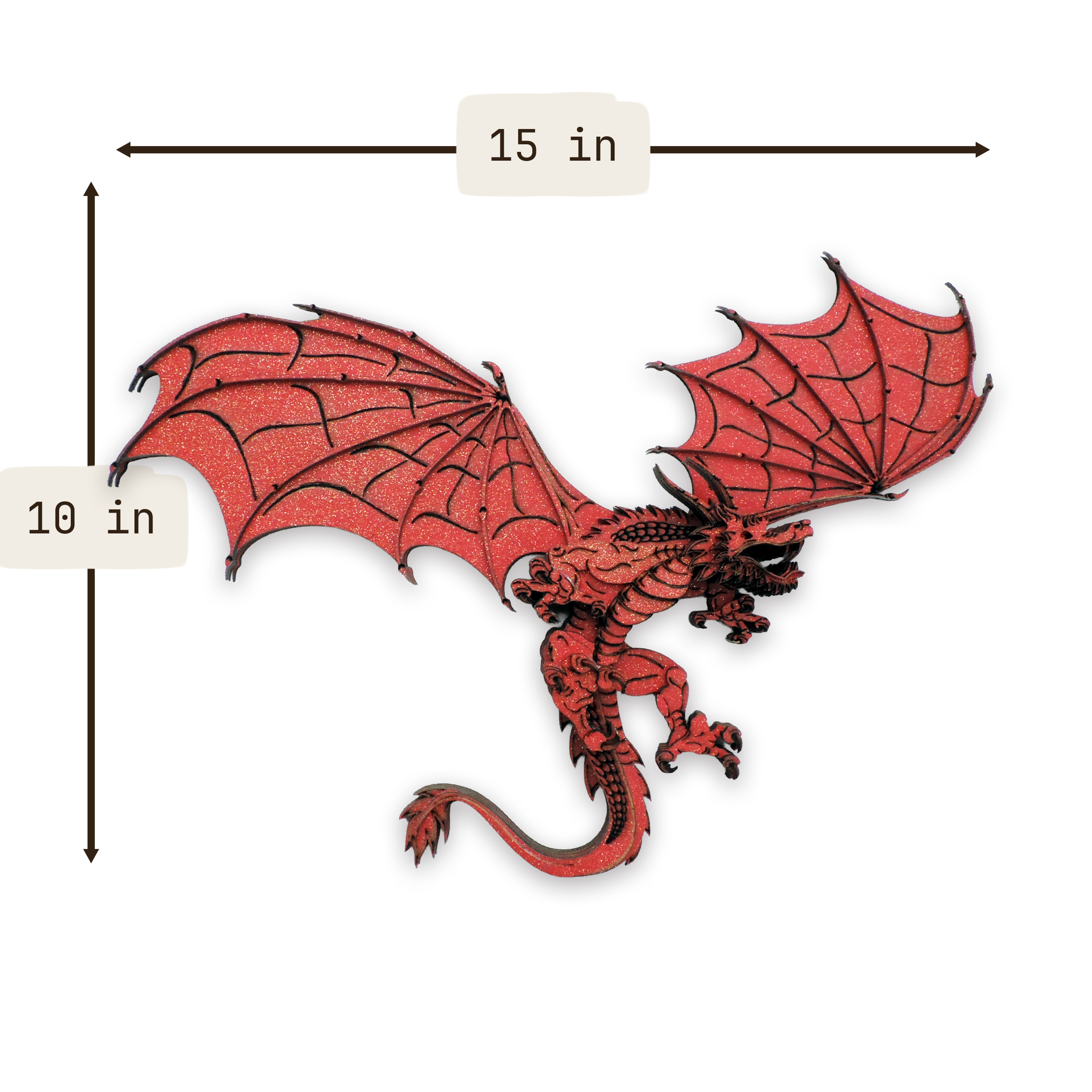 Multilayer 3D laser-cut red dragon wall art, Baltic Birch Plywood — red gold (15 × 10 in)