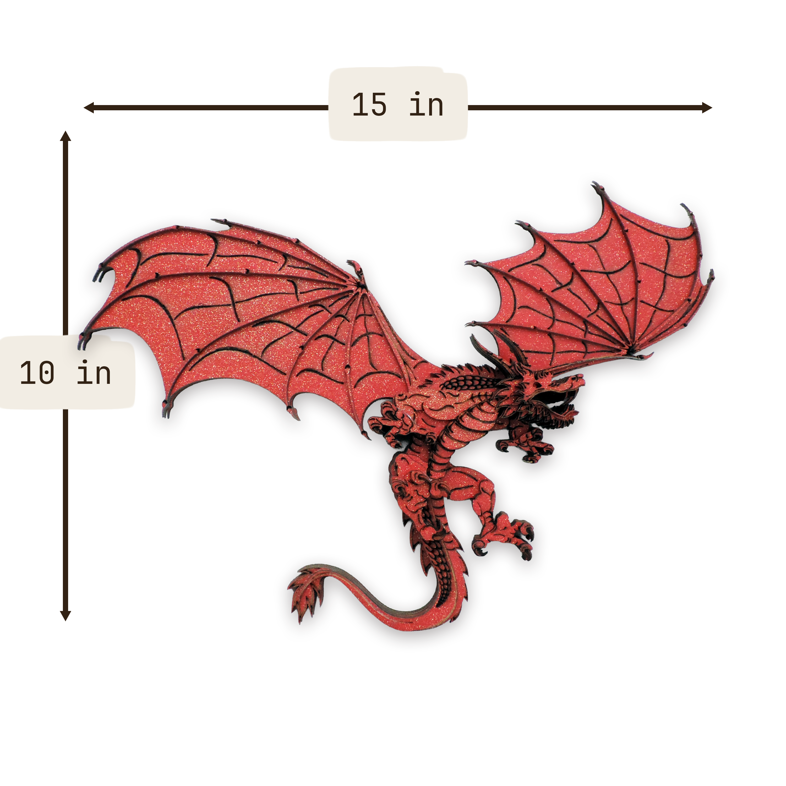 Multilayer 3D laser-cut red dragon wall art, Baltic Birch Plywood — red gold (15 × 10 in)