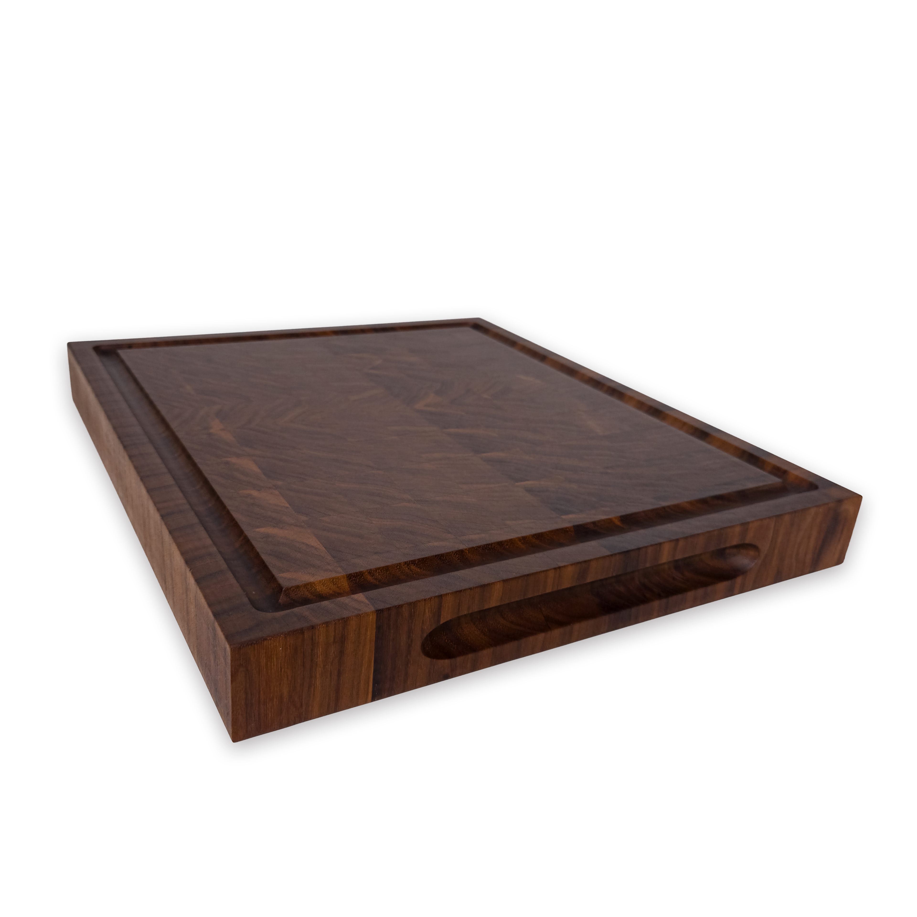 Walnut end grain butcher block cutting board with juice groove — 14 × 12 in