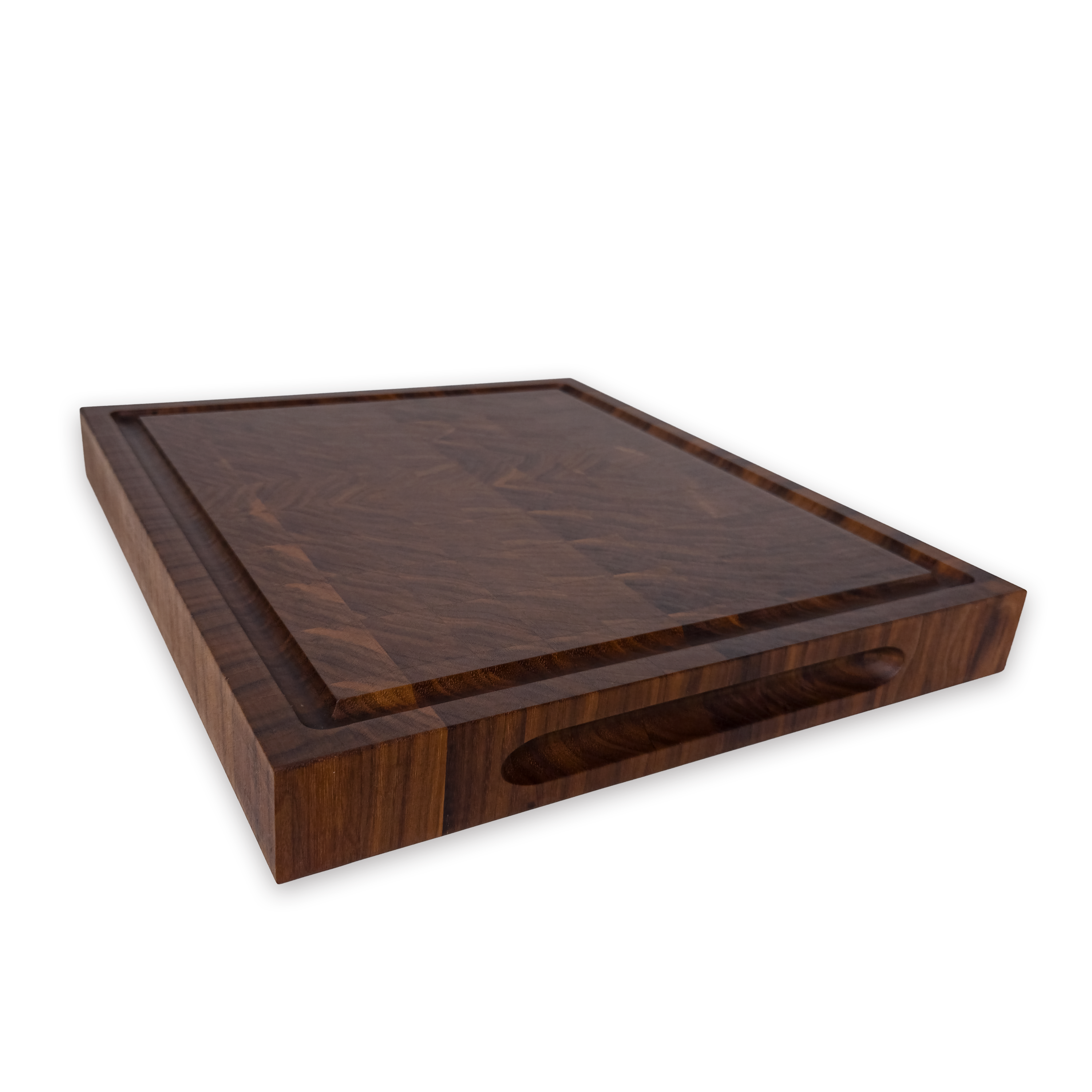 Walnut end grain butcher block cutting board with juice groove — 14 × 12 in