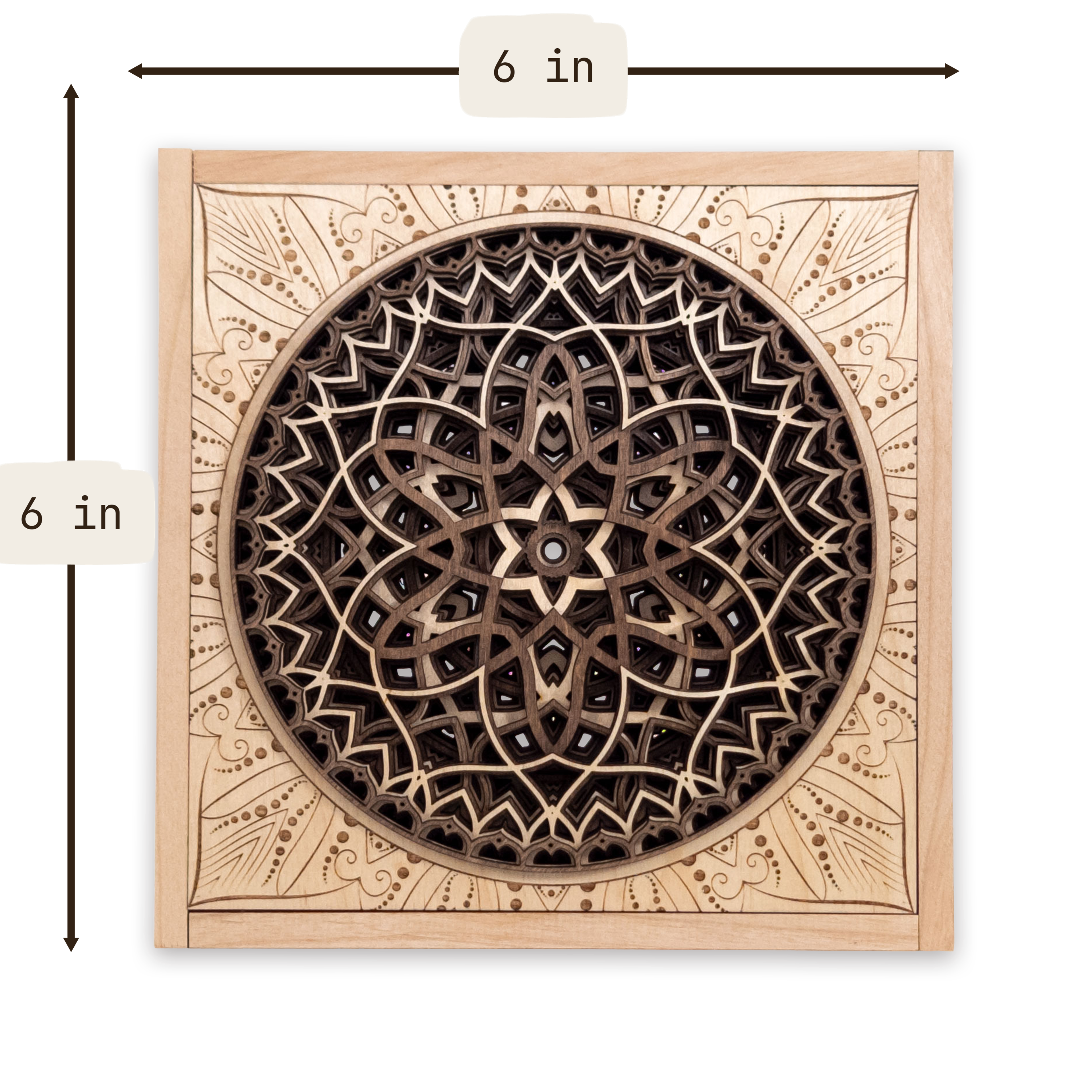 Multilayer 3D laser-cut engraved square mandala wall art, Baltic Birch Plywood — small (6 × 6 in)