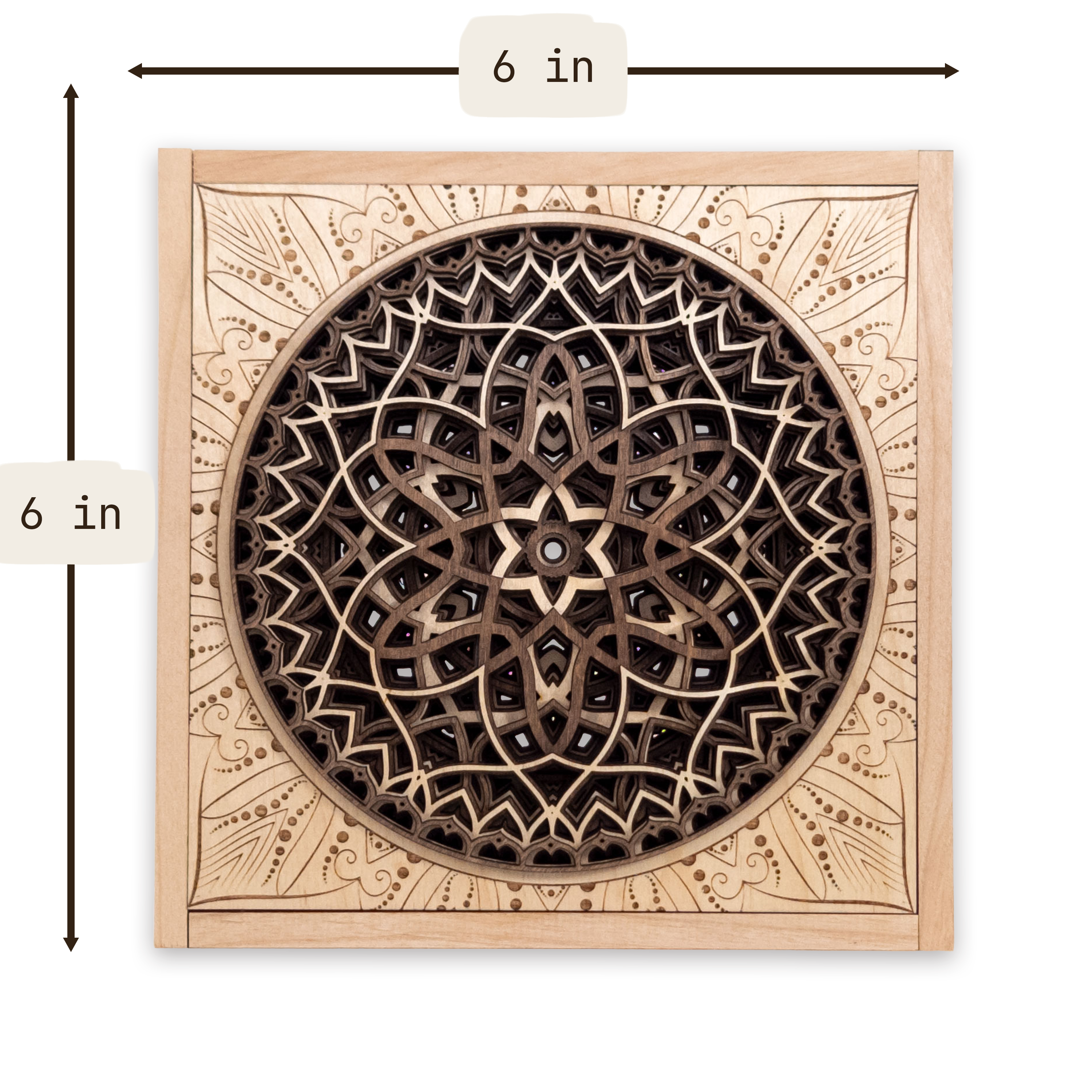 Multilayer 3D laser-cut engraved square mandala wall art, Baltic Birch Plywood — small (6 × 6 in)