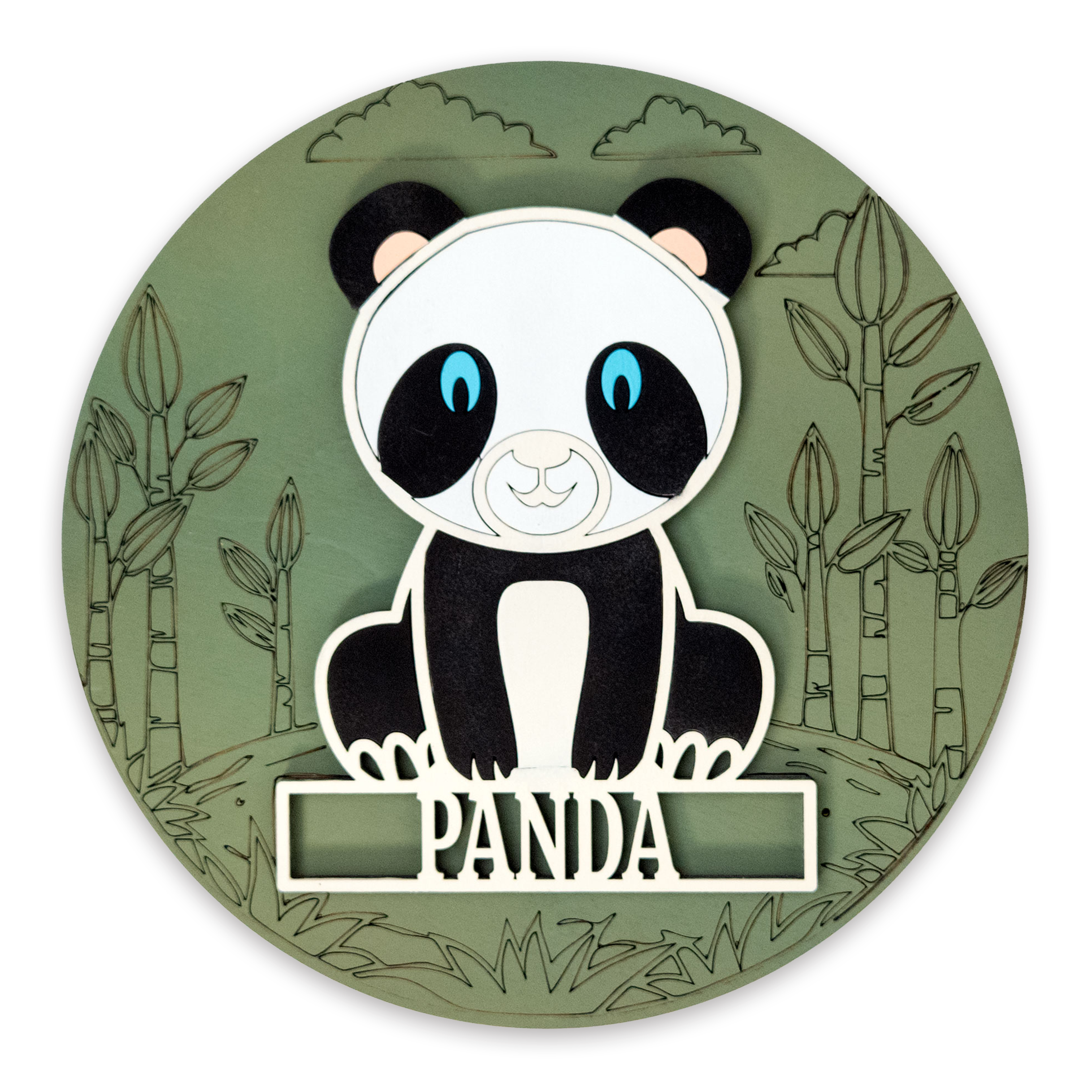 Multilayer 3D laser-cut panda name sign wall art, Baltic Birch Plywood