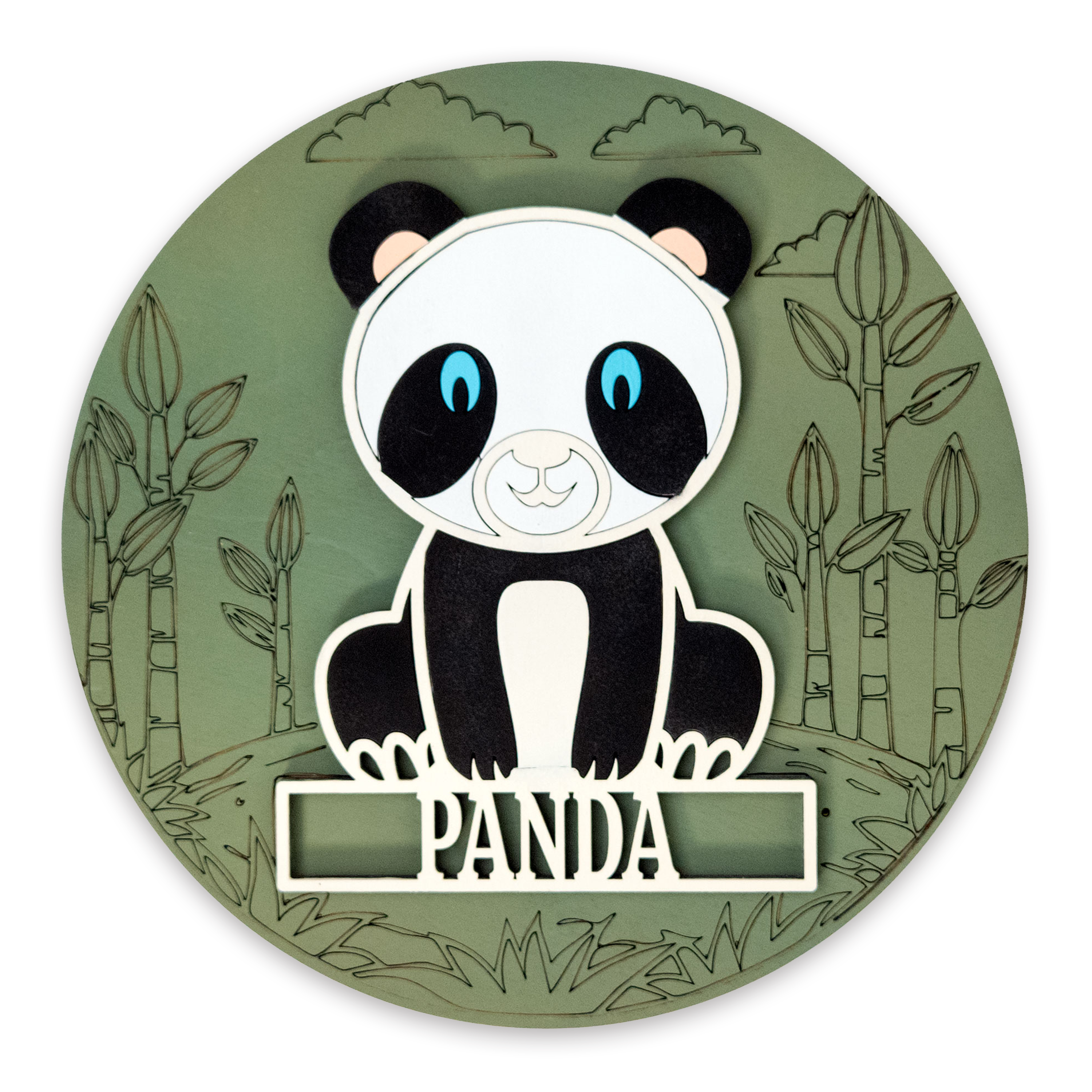 Multilayer 3D laser-cut panda name sign wall art, Baltic Birch Plywood