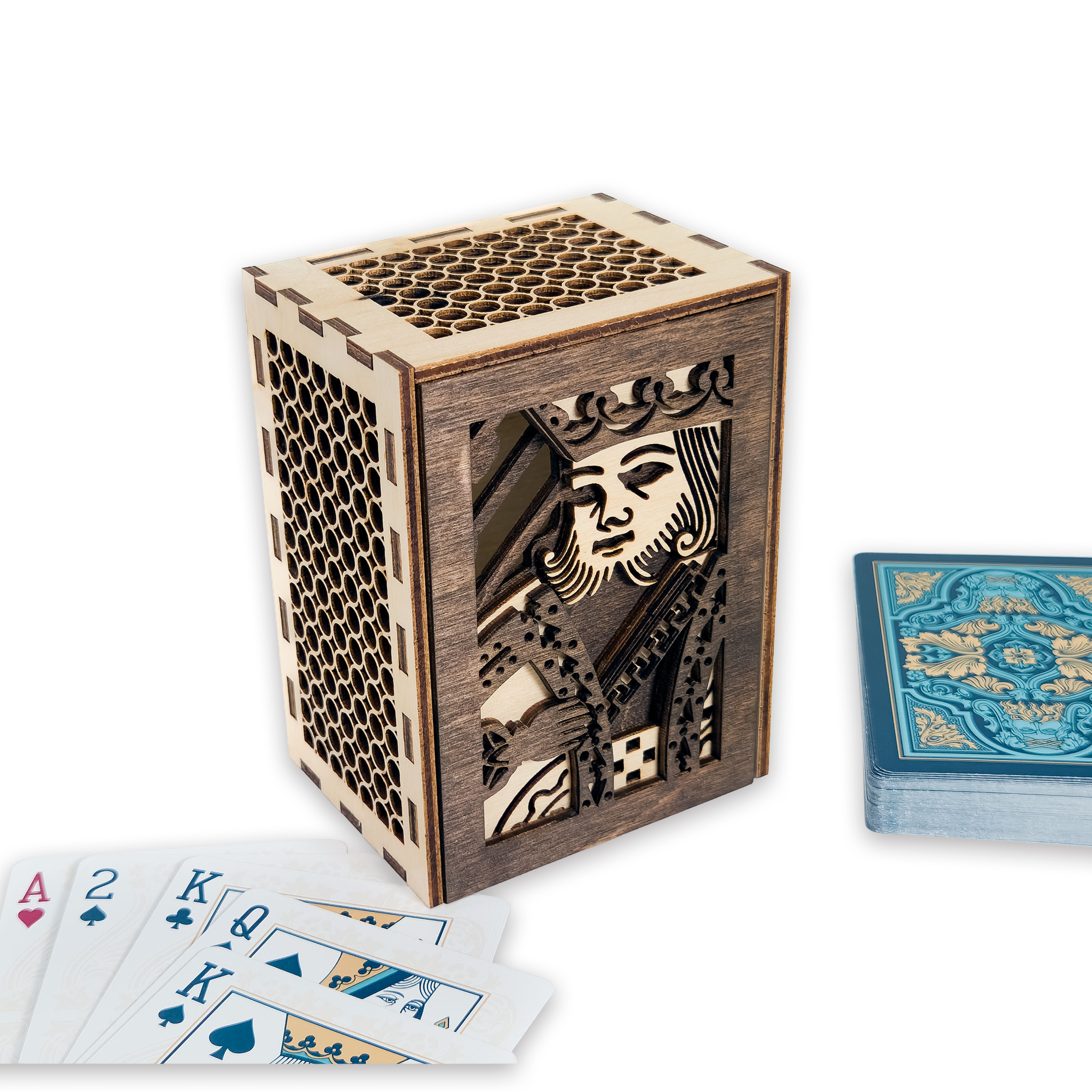 Laser-cut king of hearts poker card box, walnut & maple birch plywood