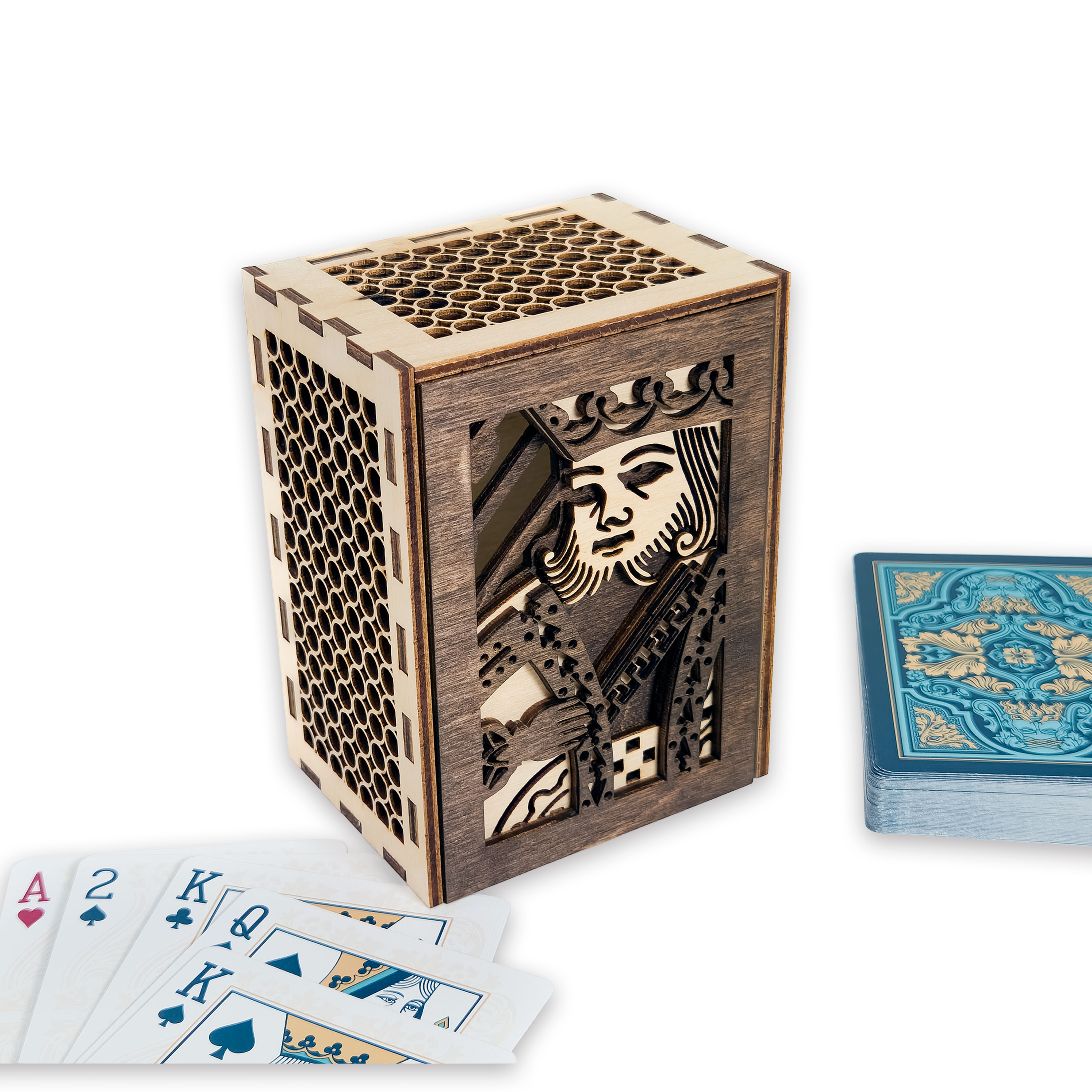 Laser-cut king of hearts poker card box, walnut & maple birch plywood