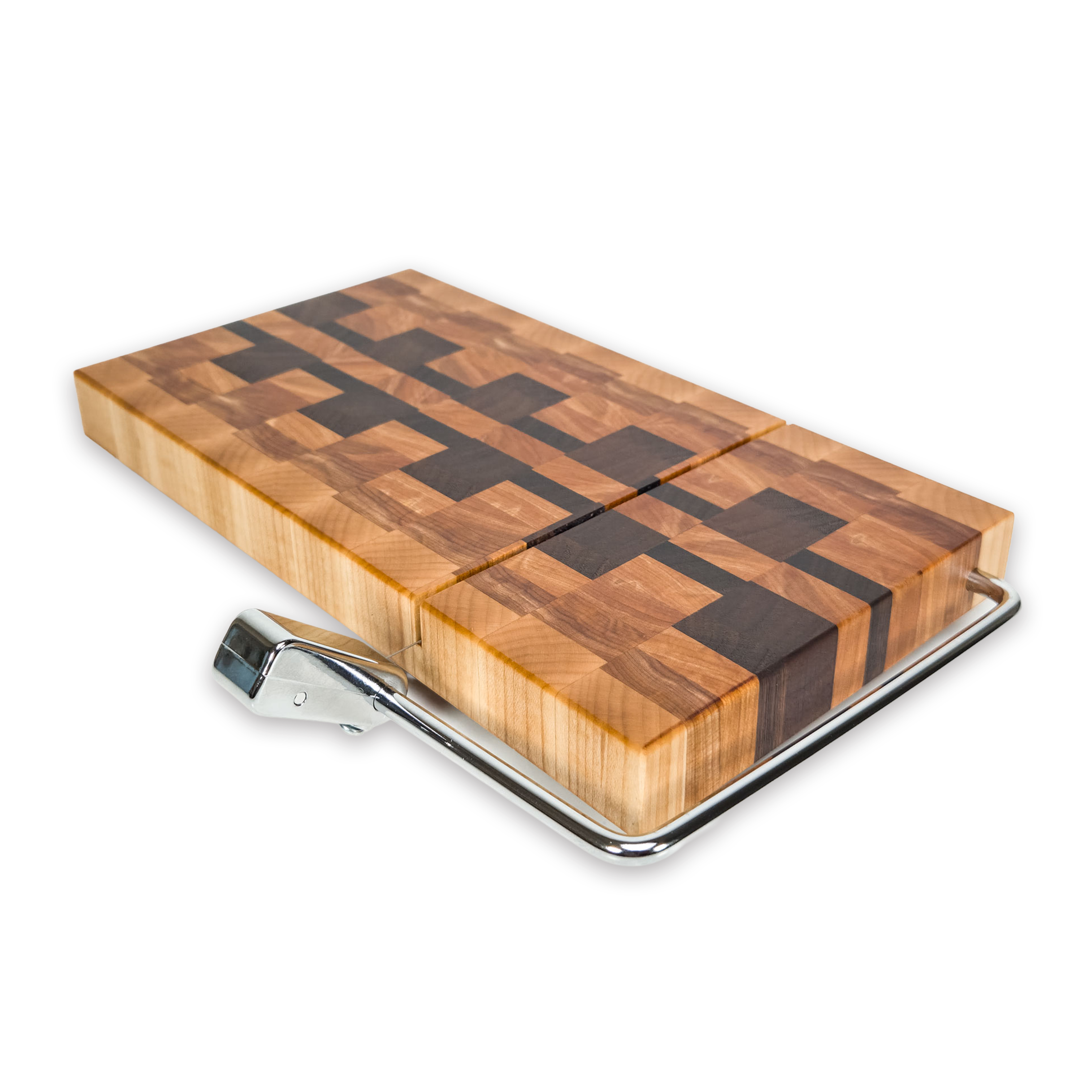 End grain maple, walnut & hickory cheese slicer board with wire cutter, oiled hardwood