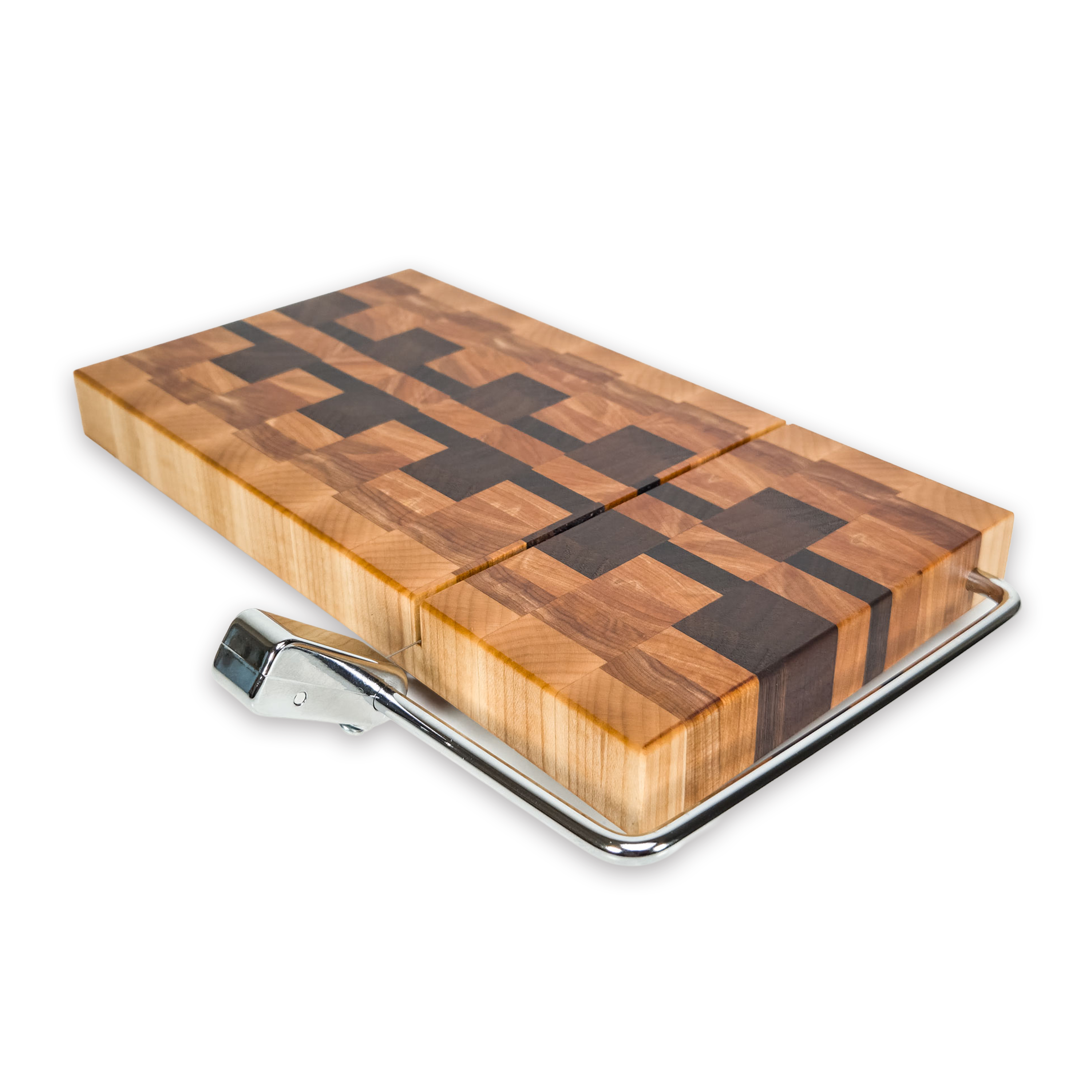 End grain maple, walnut & hickory cheese slicer board with wire cutter, oiled hardwood
