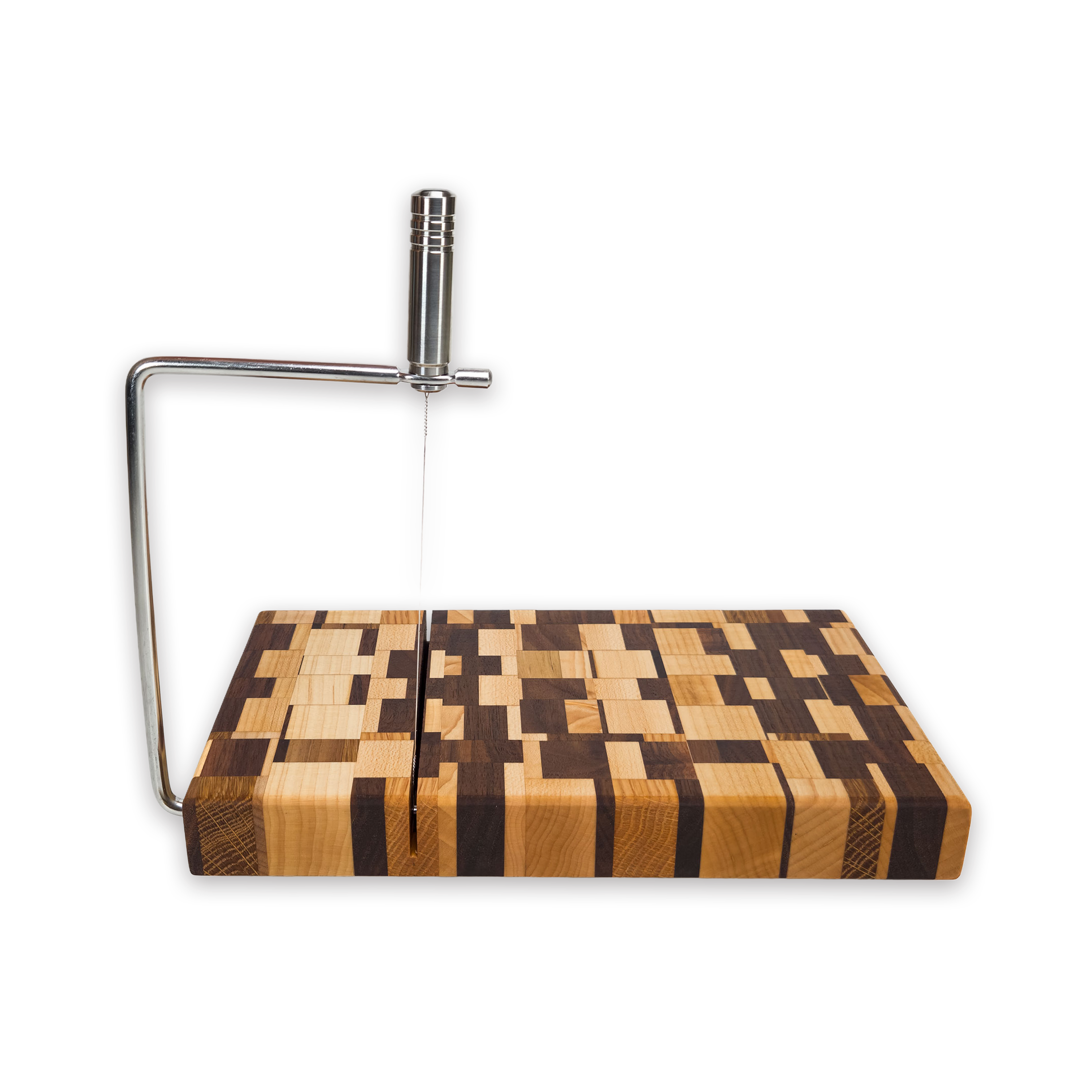 Edge grain maple & walnut cheese slicer board with wire cutter, oiled hardwood