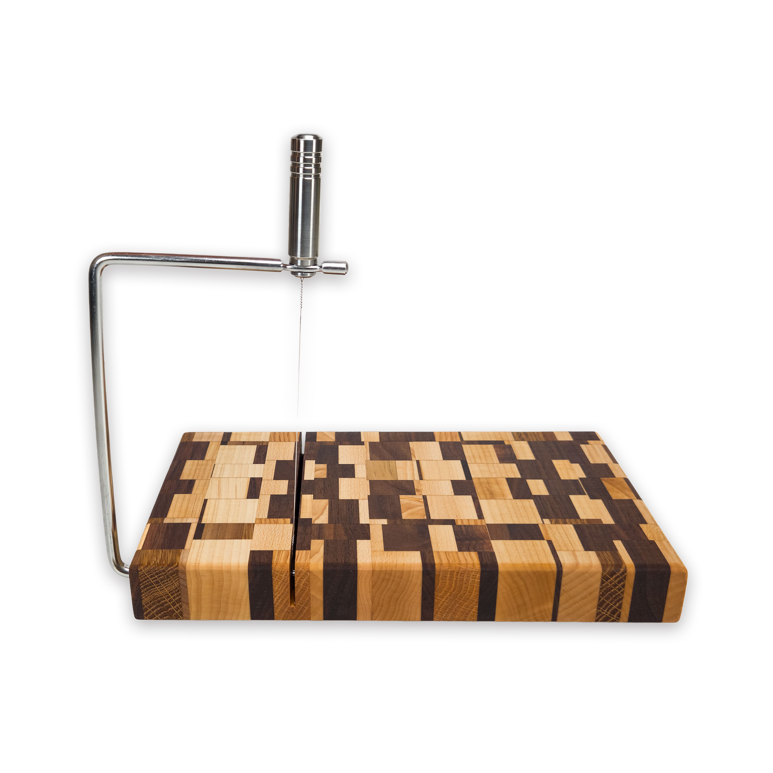 Edge grain maple & walnut cheese slicer board with wire cutter, oiled hardwood