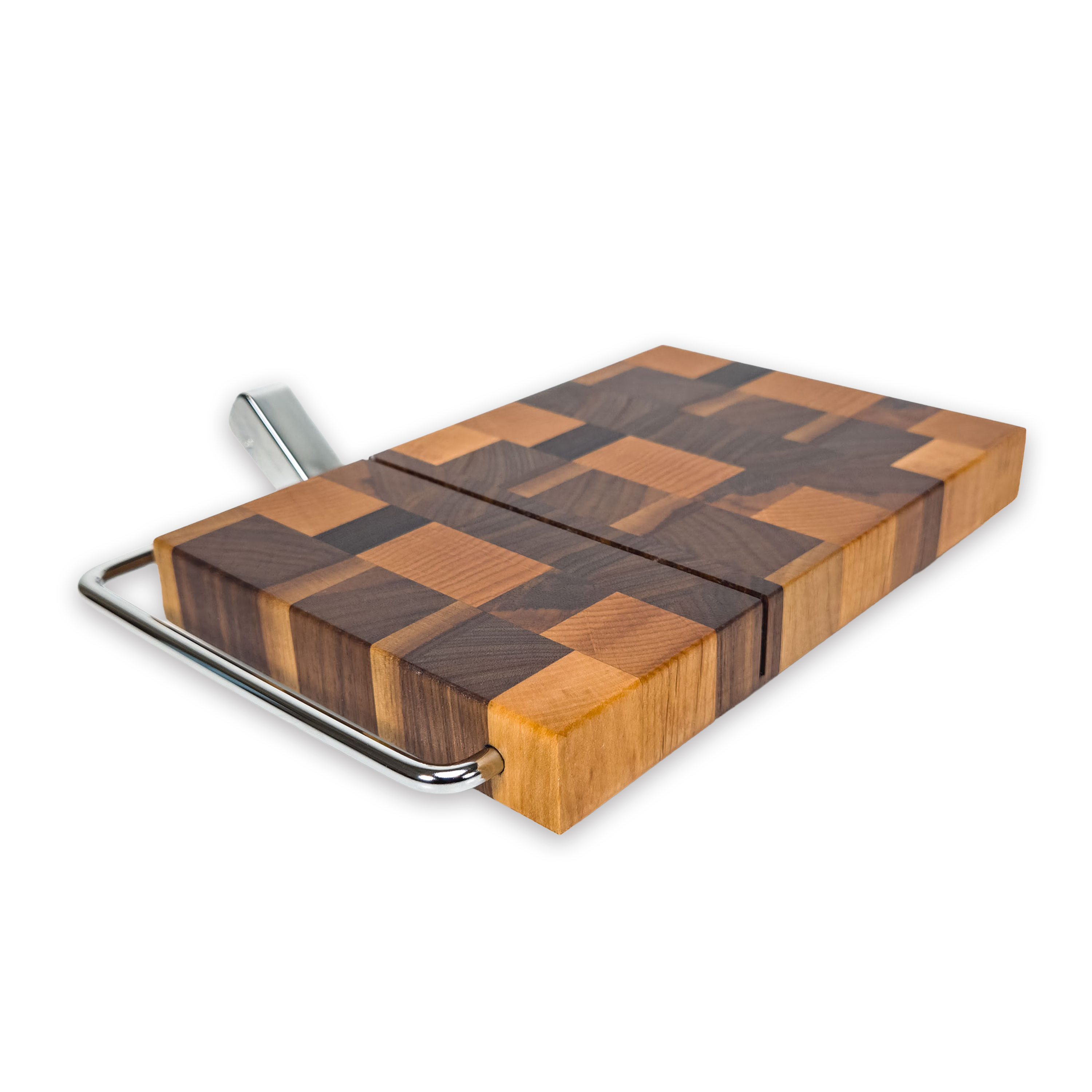 End grain oak, maple & walnut cheese slicer board with wire cutter, oiled hardwood