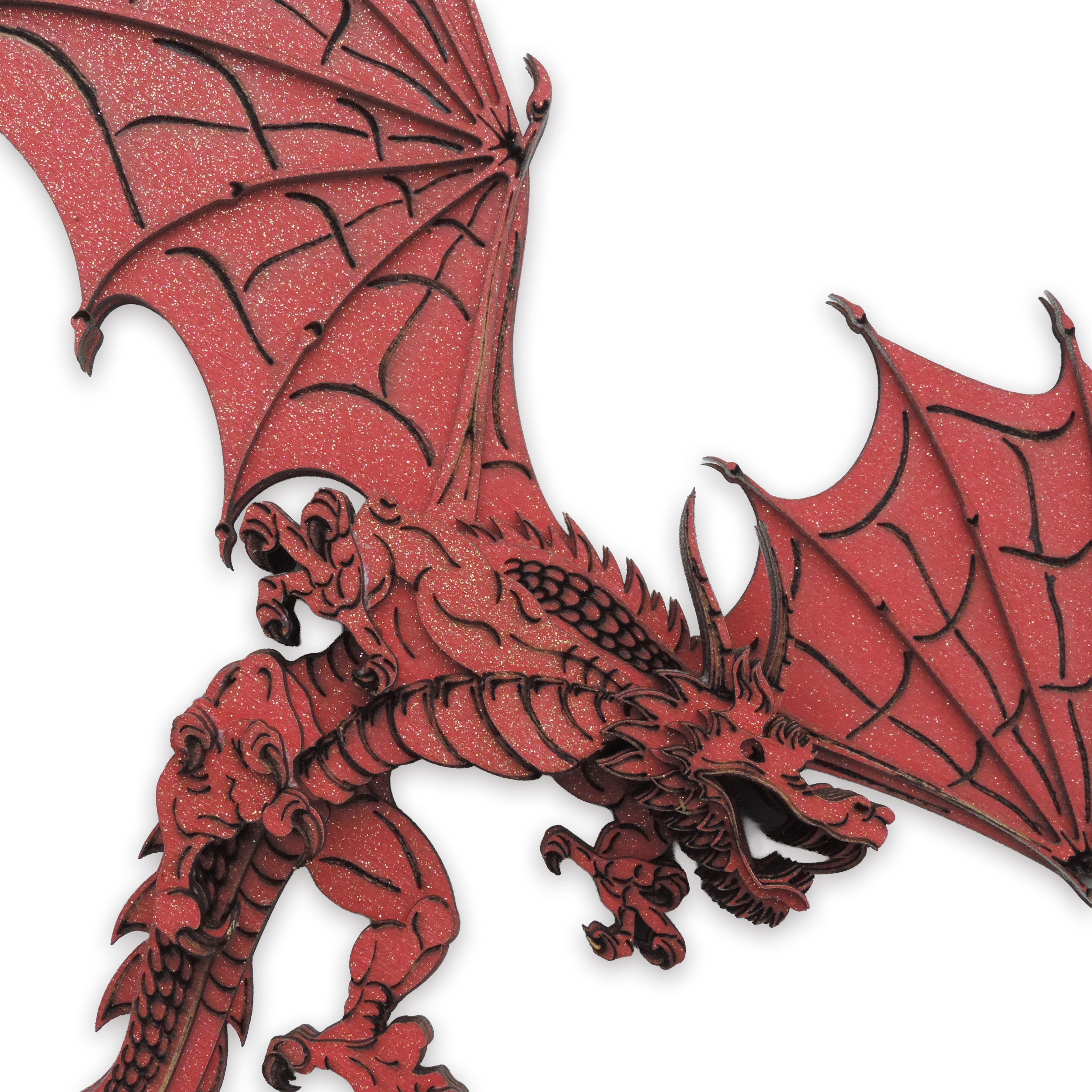 Multilayer 3D laser-cut red dragon wall art, Baltic Birch Plywood — red gold (15 × 10 in)