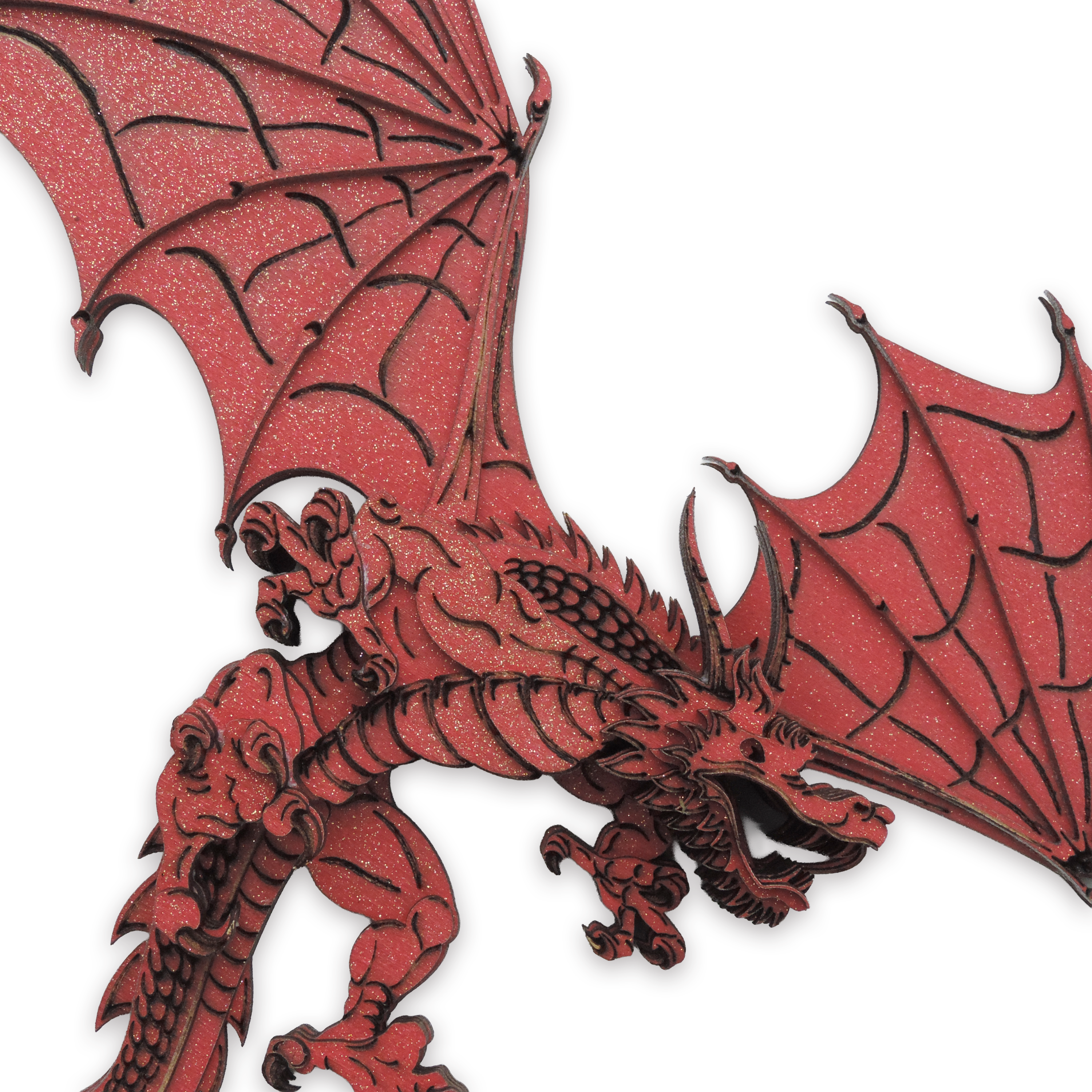 Multilayer 3D laser-cut red dragon wall art, Baltic Birch Plywood — red gold (15 × 10 in)