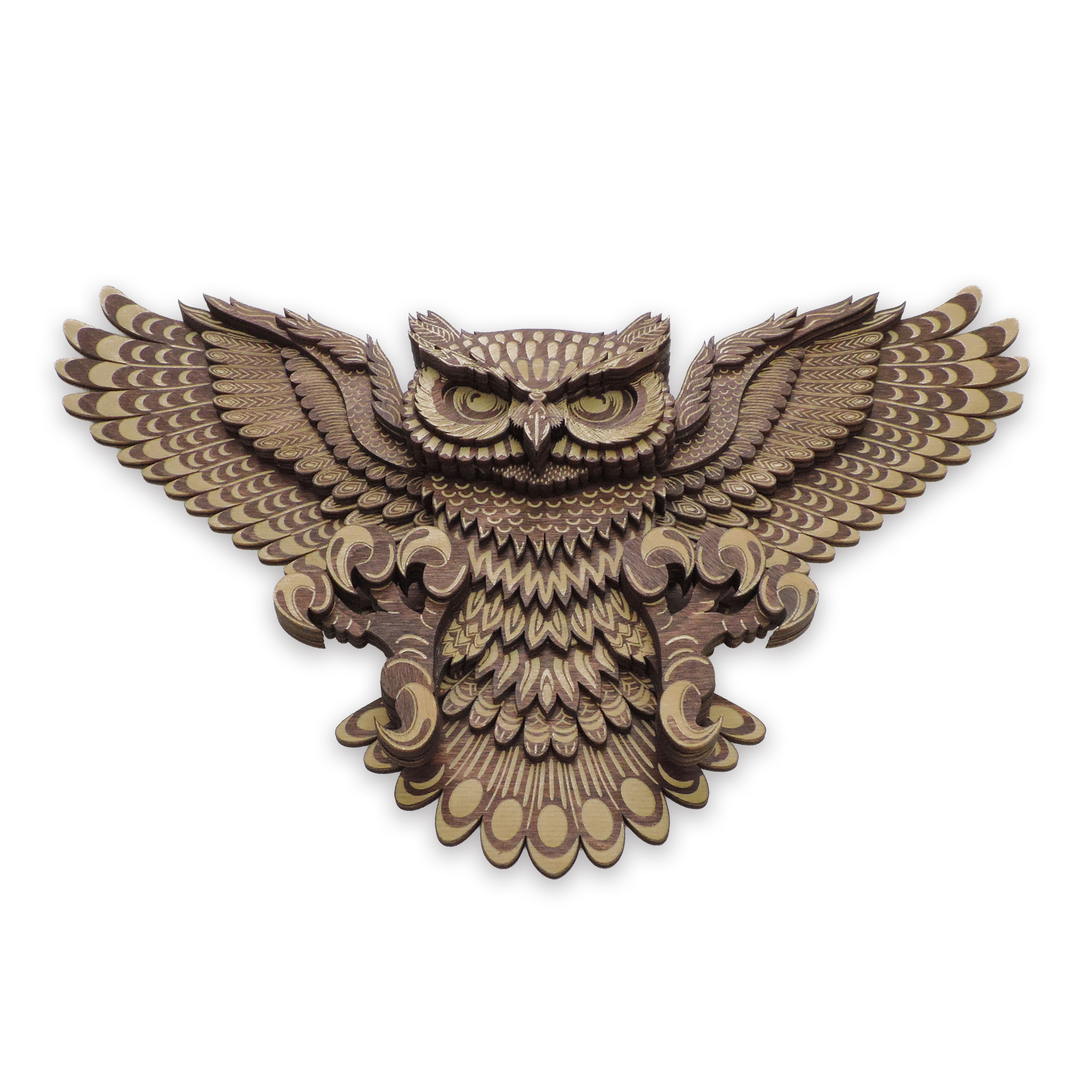 Multilayer 3D laser-cut flying owl wall art, Baltic Birch Plywood