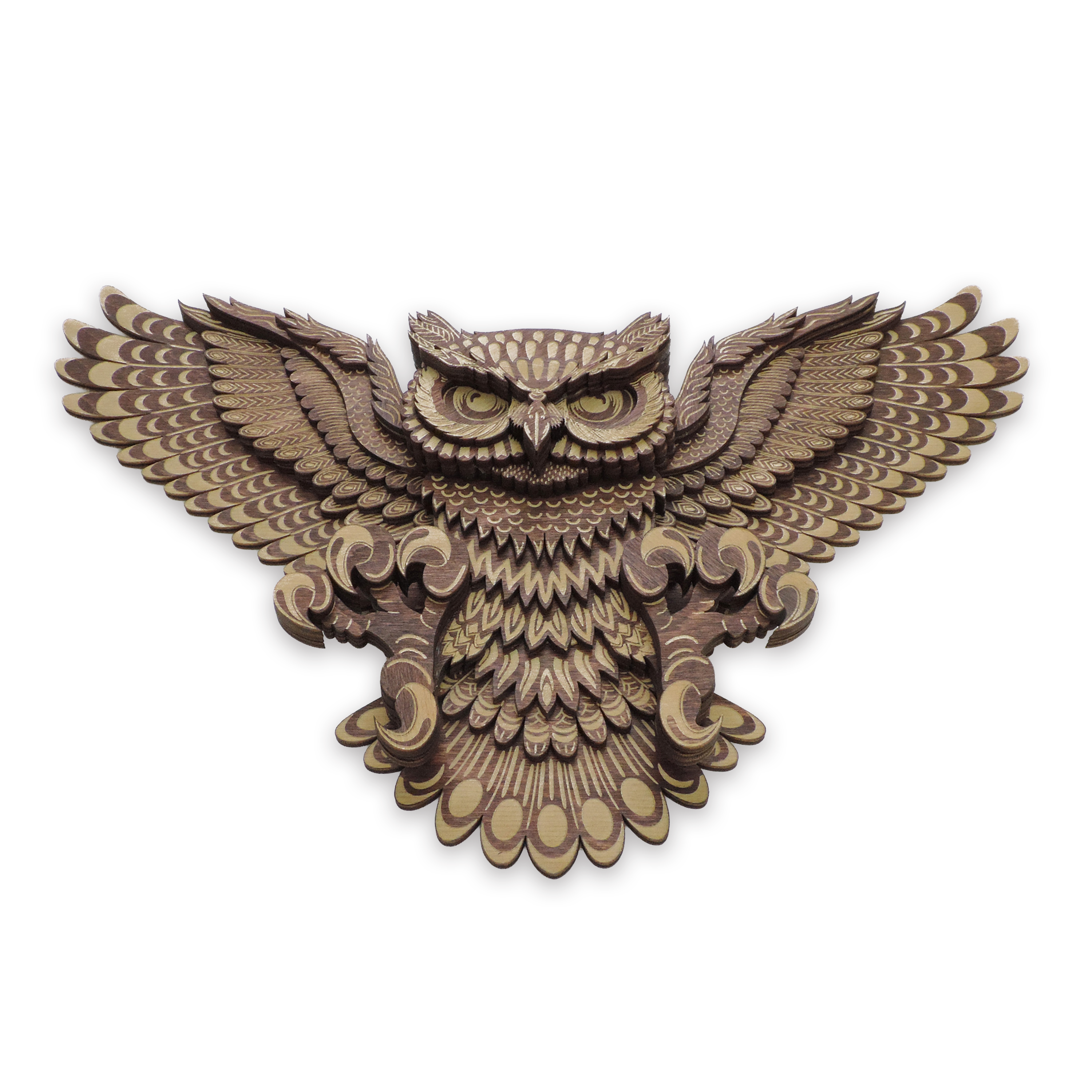 Multilayer 3D laser-cut flying owl wall art, Baltic Birch Plywood