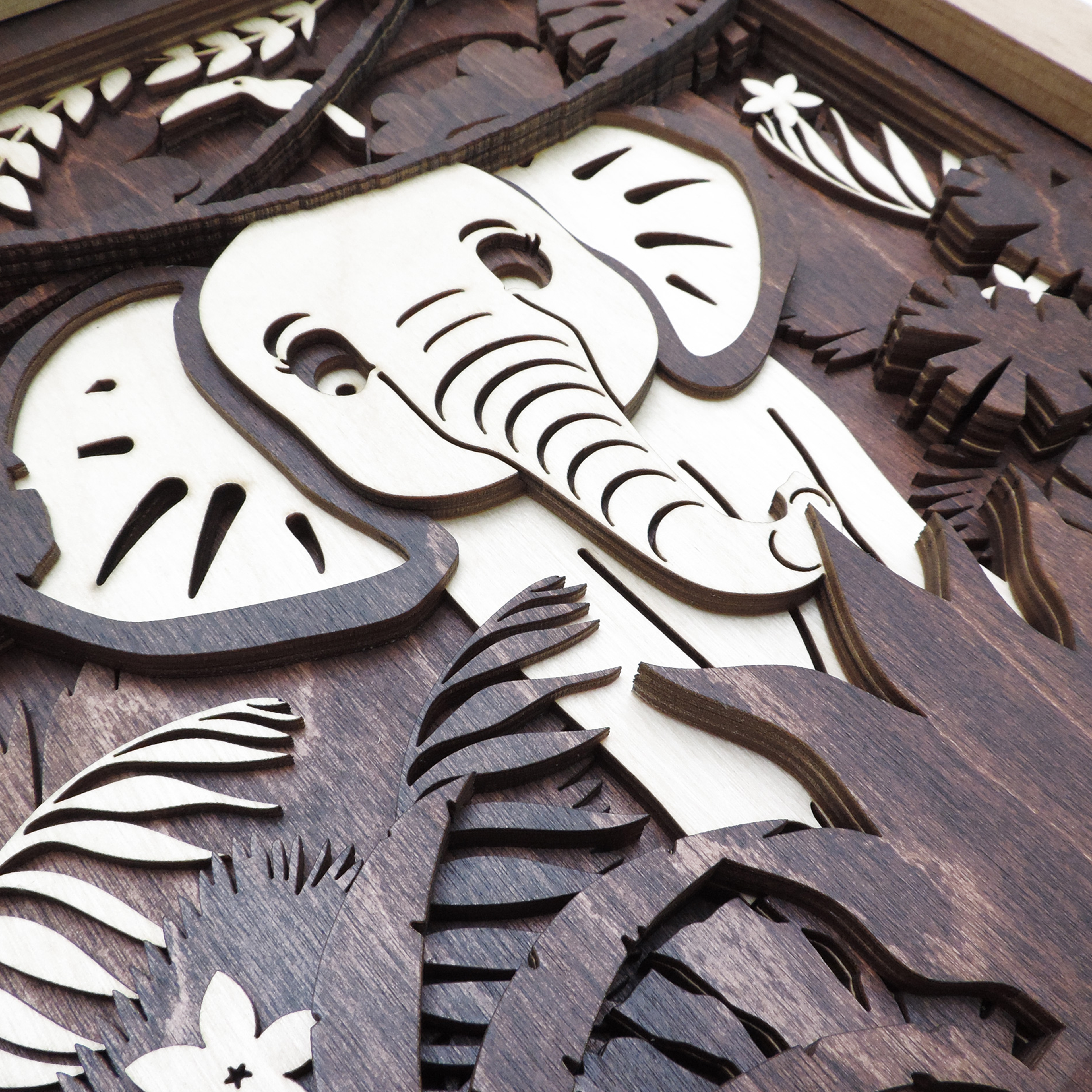 Multilayer 3D laser-cut baby elephant wall art, Baltic Birch Plywood