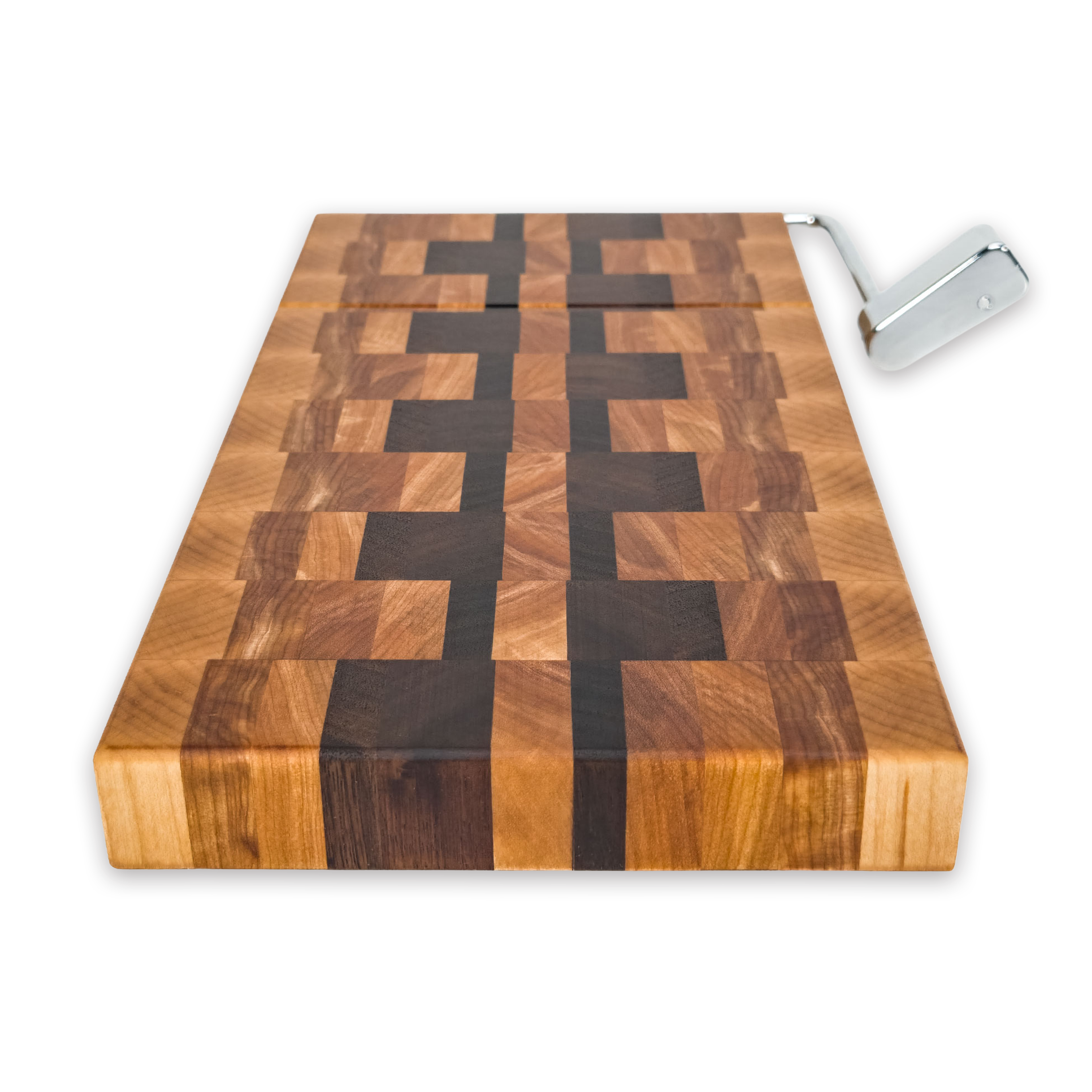 End grain maple, walnut & hickory cheese slicer board with wire cutter, oiled hardwood