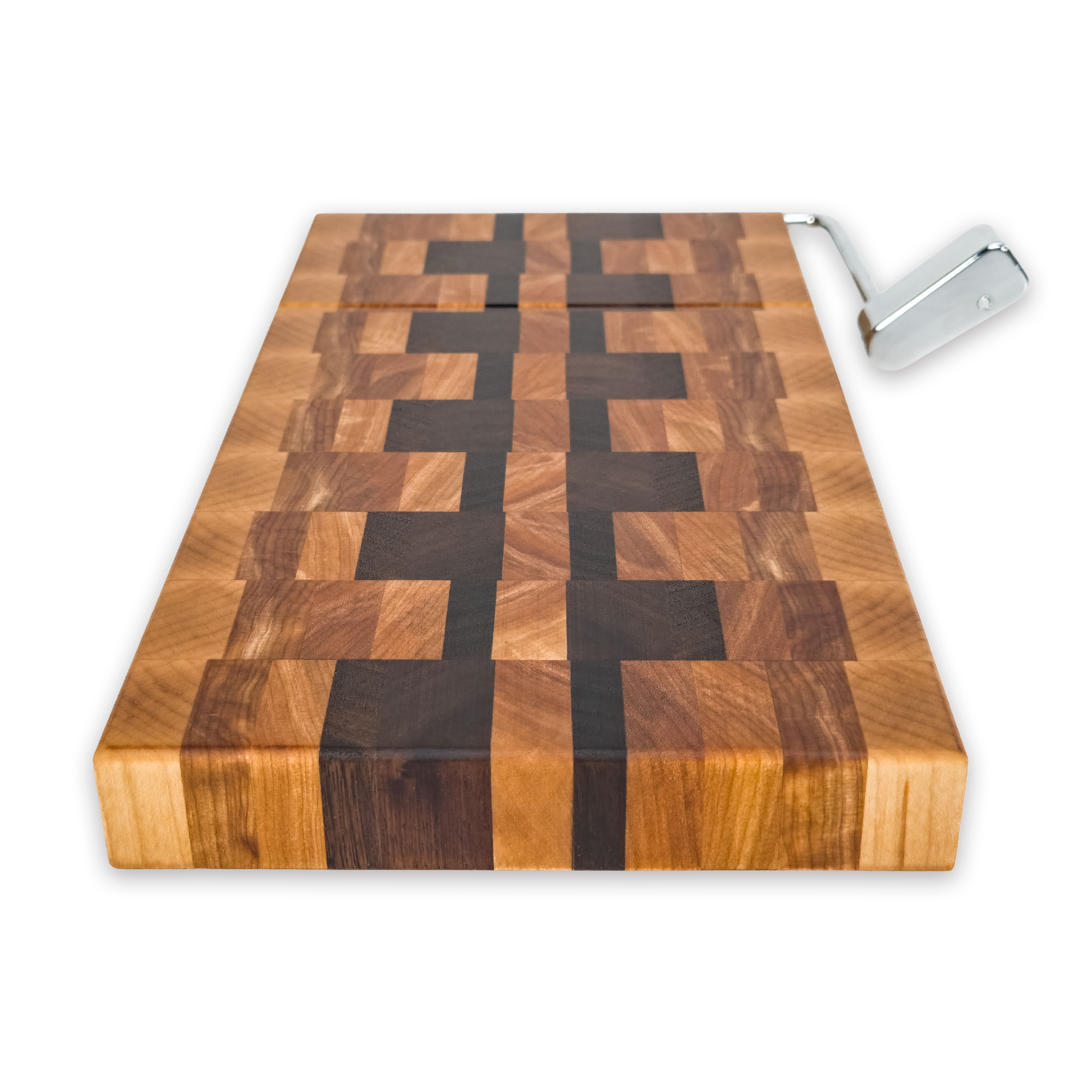 End grain maple, walnut & hickory cheese slicer board with wire cutter, oiled hardwood