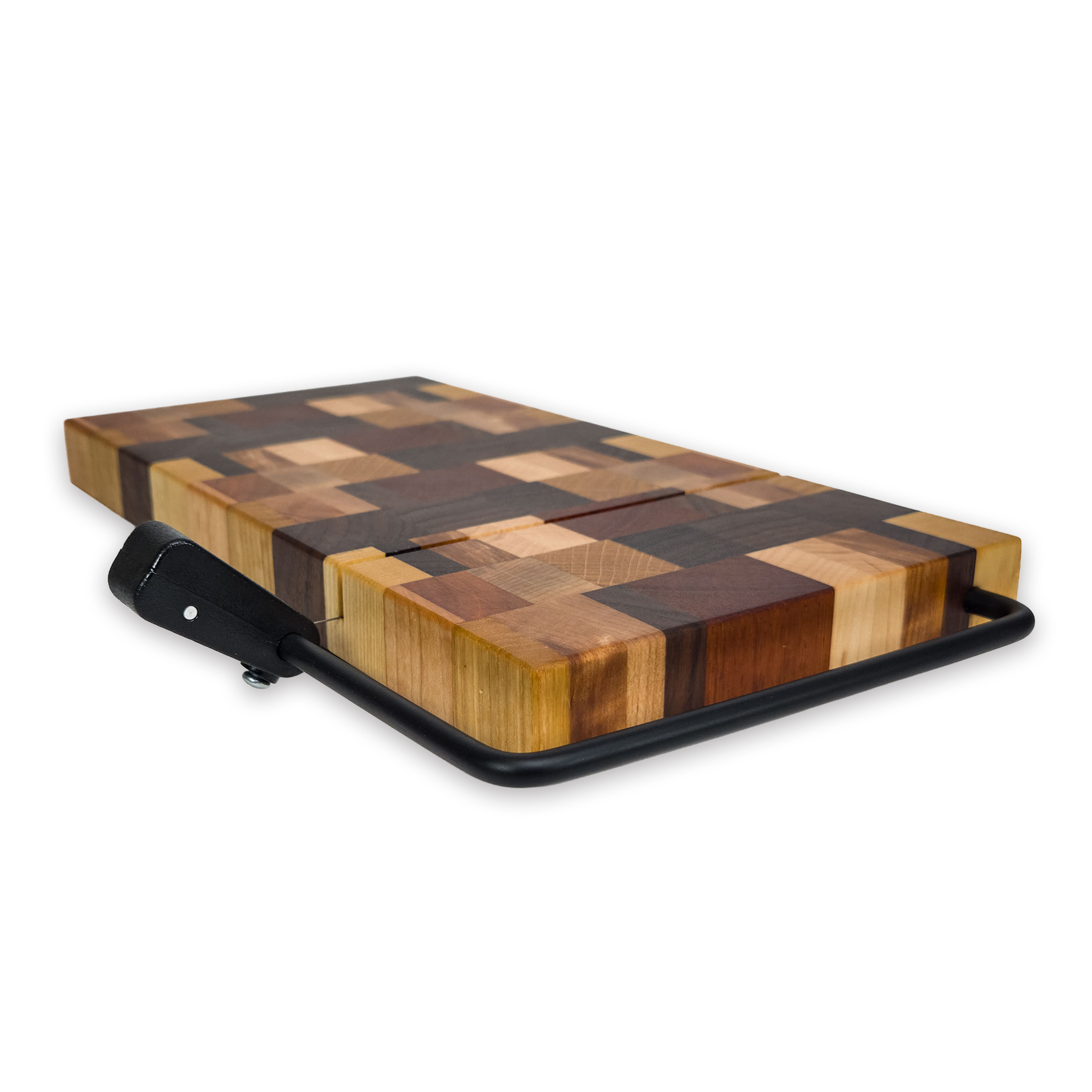 End grain dark mixed hardwood cheese slicer board with wire cutter, oiled hardwood