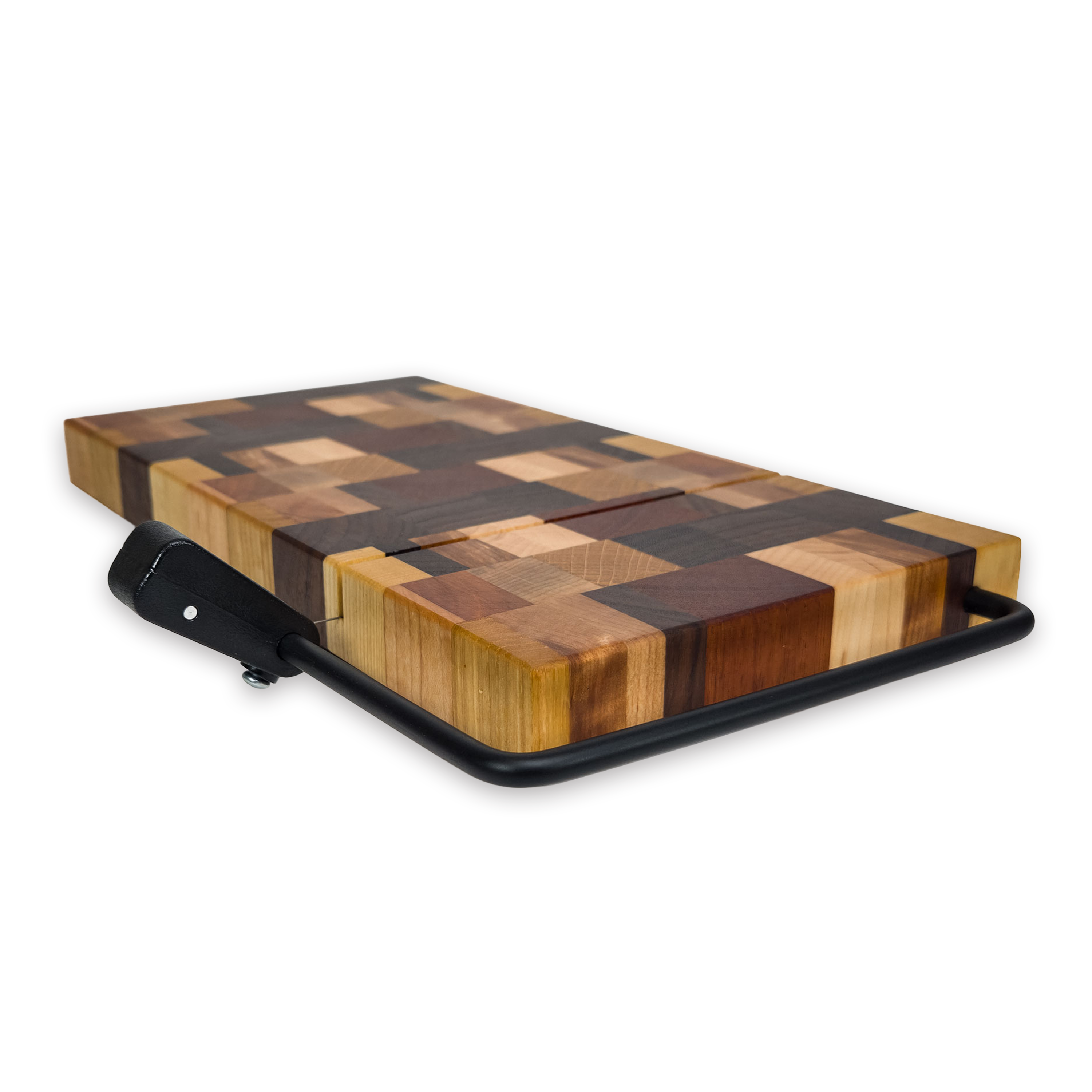 End grain dark mixed hardwood cheese slicer board with wire cutter, oiled hardwood