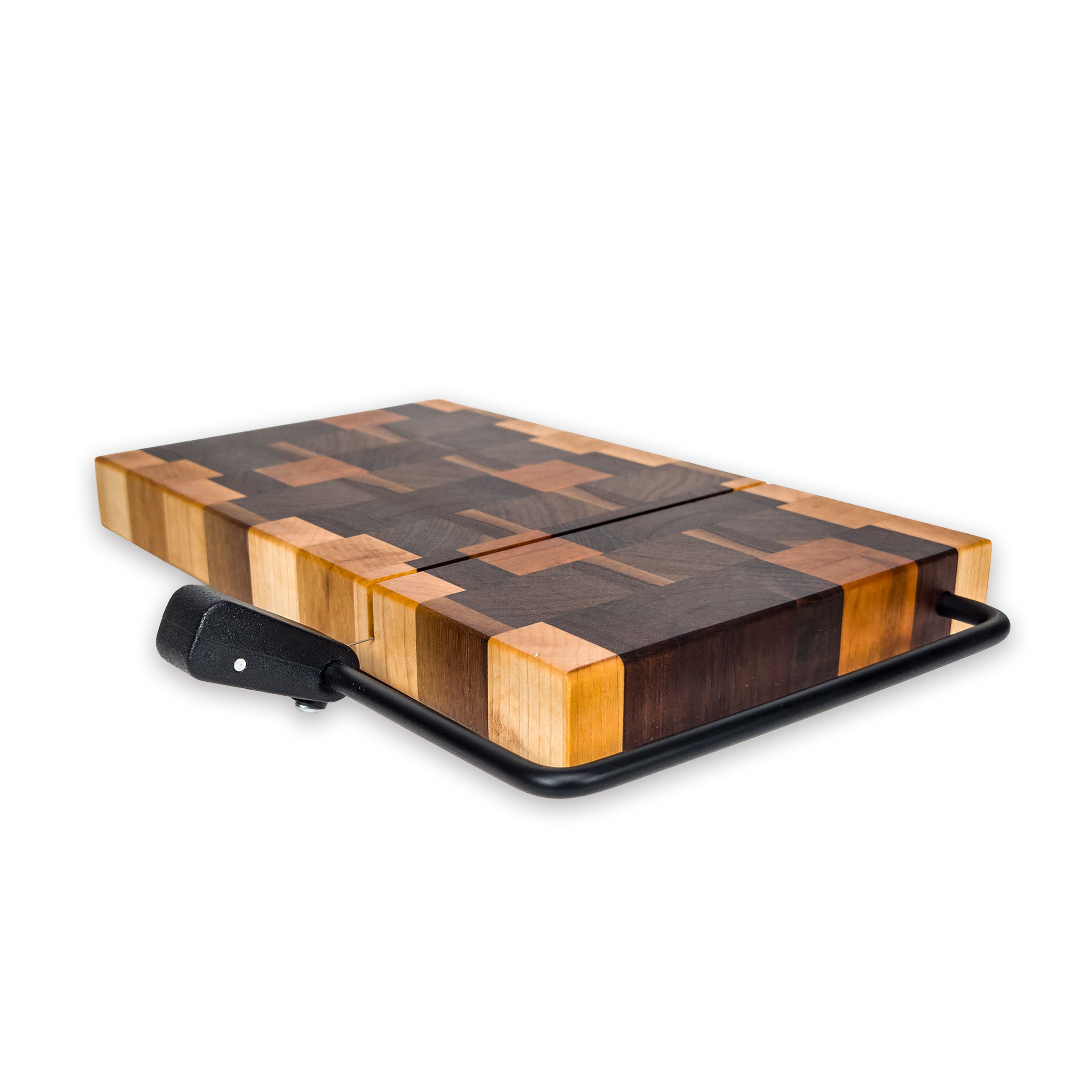 End grain maple, walnut, oak & cherry cheese slicer board with wire cutter, oiled hardwood — large, black (9.75 × 5.75 in)