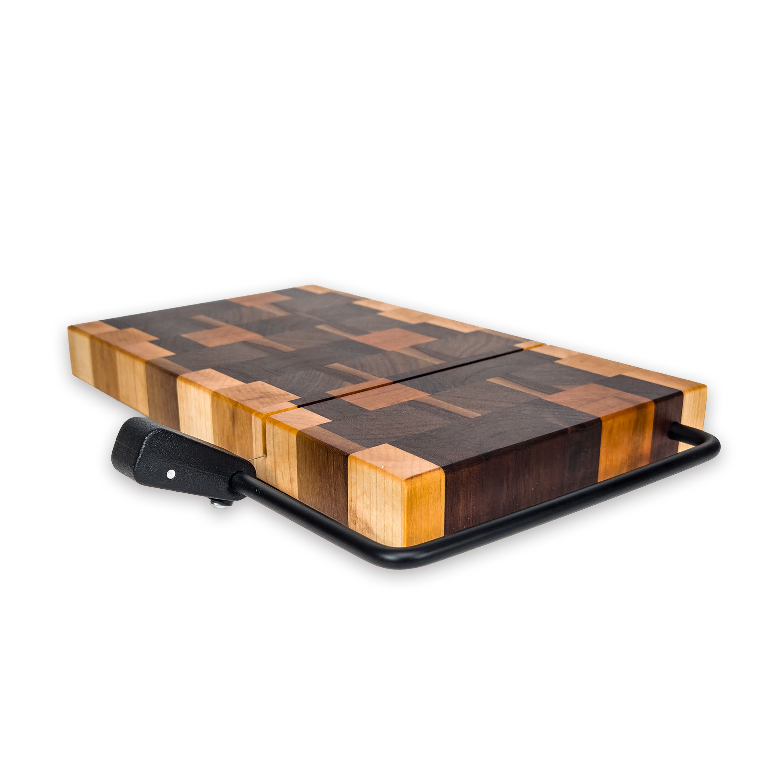 End grain maple, walnut, oak & cherry cheese slicer board with wire cutter, oiled hardwood — large, black (9.75 × 5.75 in)