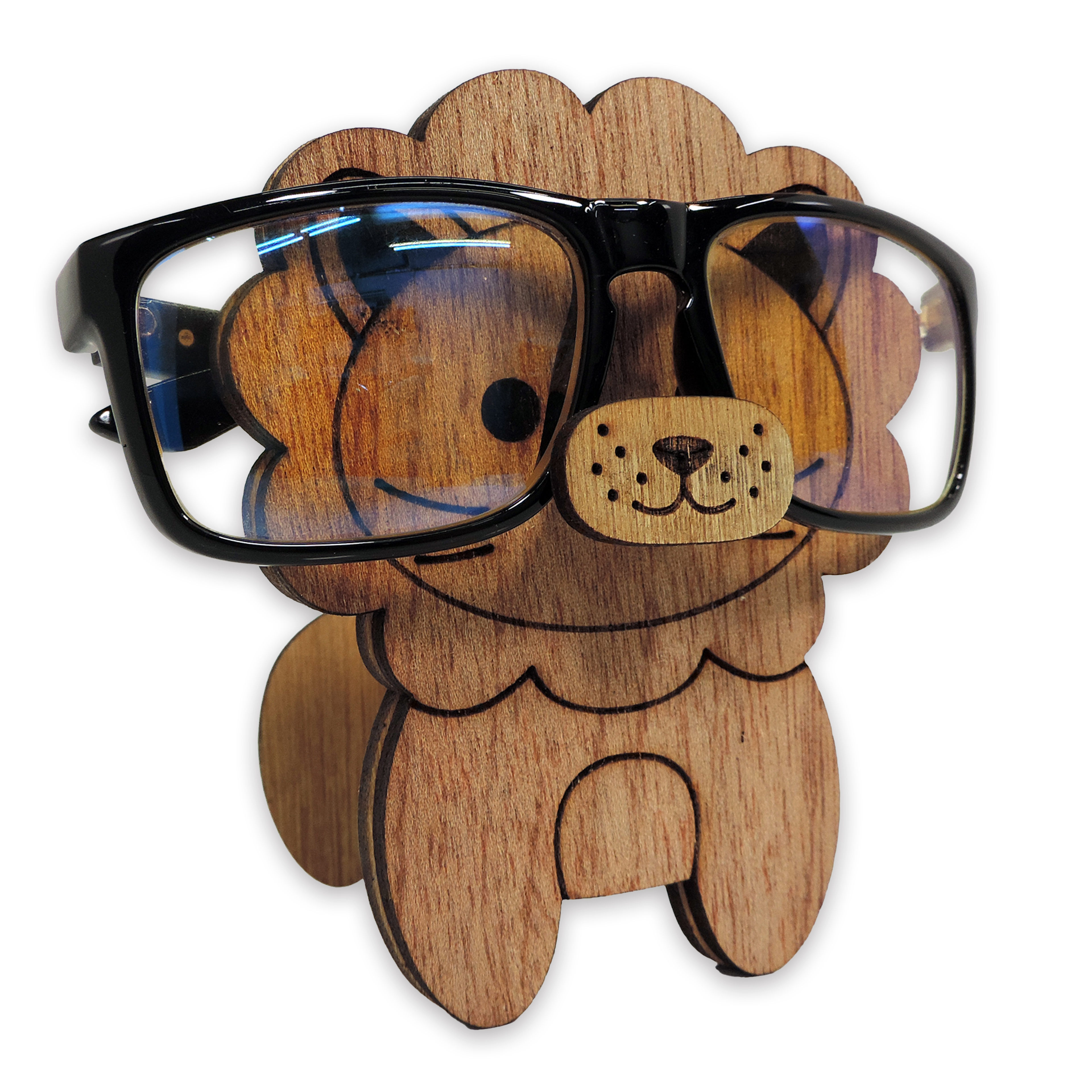 Laser-cut lion glasses holder, 5 mm plywood — cherry, blank (5 × 5 in)
